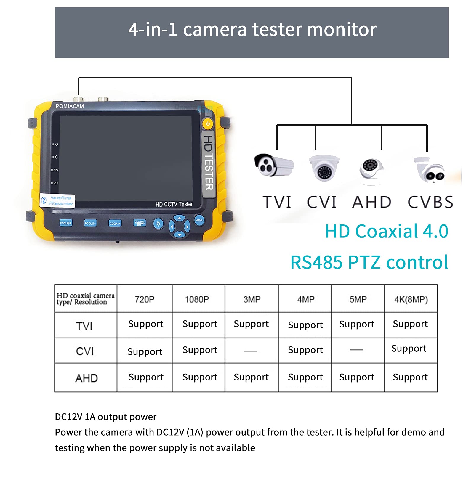 Ahd Cctv Monitor Camera Tester Iv8W 5 Inch 4 In 1 8Mp Ahd Tvi 8Mp Cvi Cvbs 1080P Coaxial Hd Video Testerr Support Rs485 Ptz Cont
