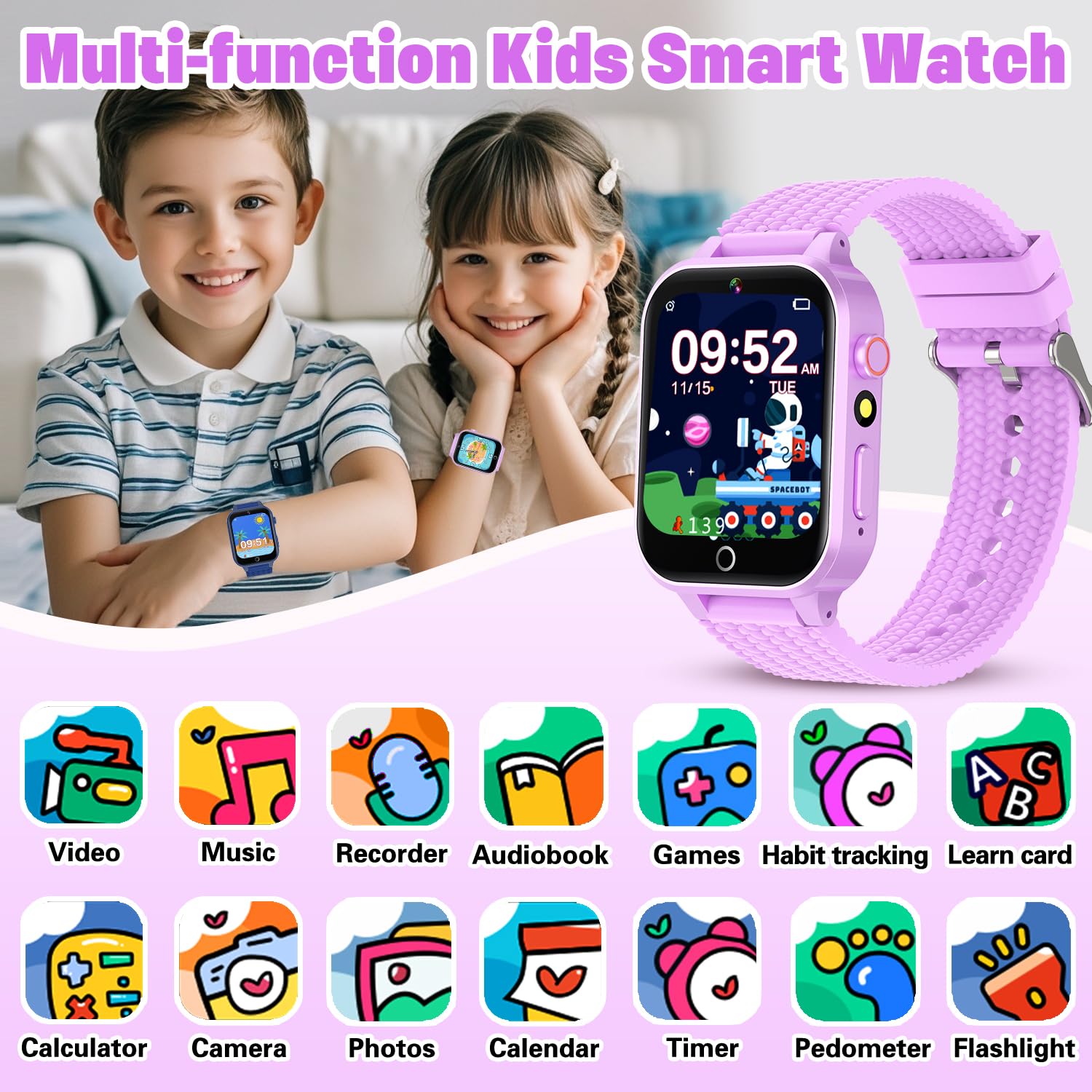 Kids Smart Watch For Girls Age 5-12, Kids Watch With 26 Games,Camera Music Player Pedometer Habit Tracking Hd Touchscreen Flashl
