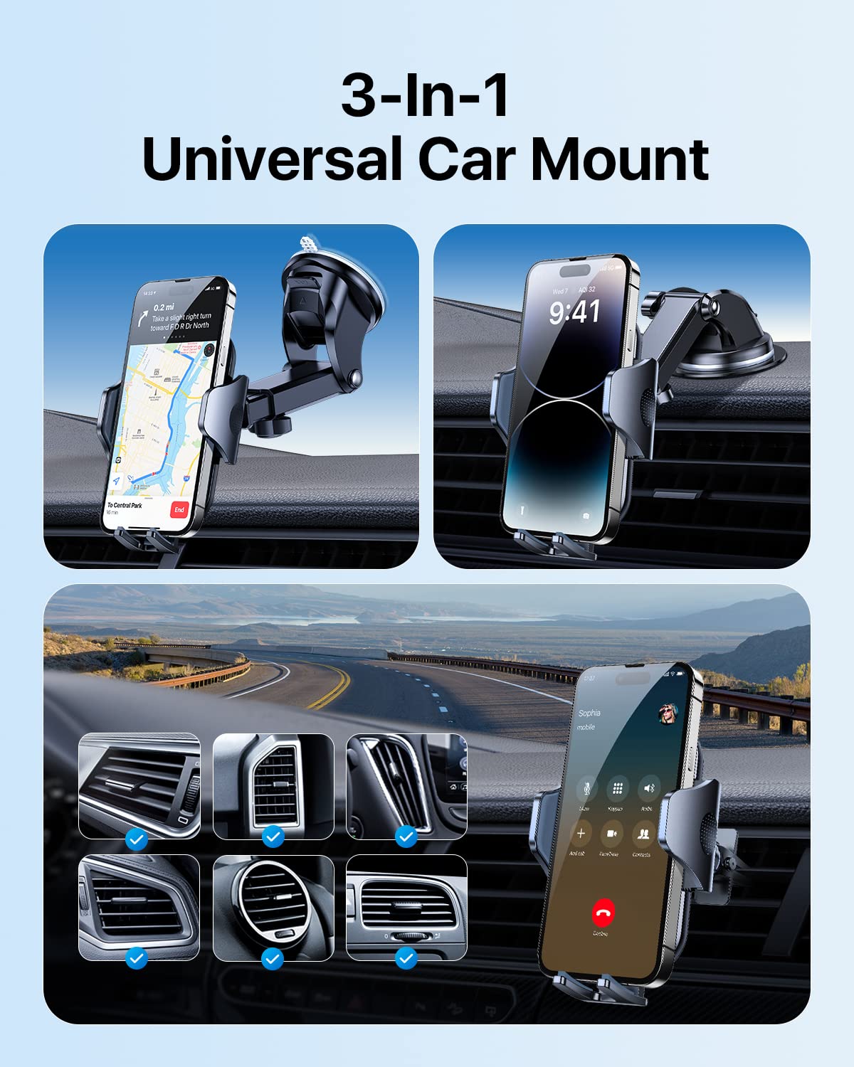 Andobil Phone Holders For Your Car (Strong Suction Military Grade) Universal Phone Mount For Car Dashboard Windshield Vent, Cell
