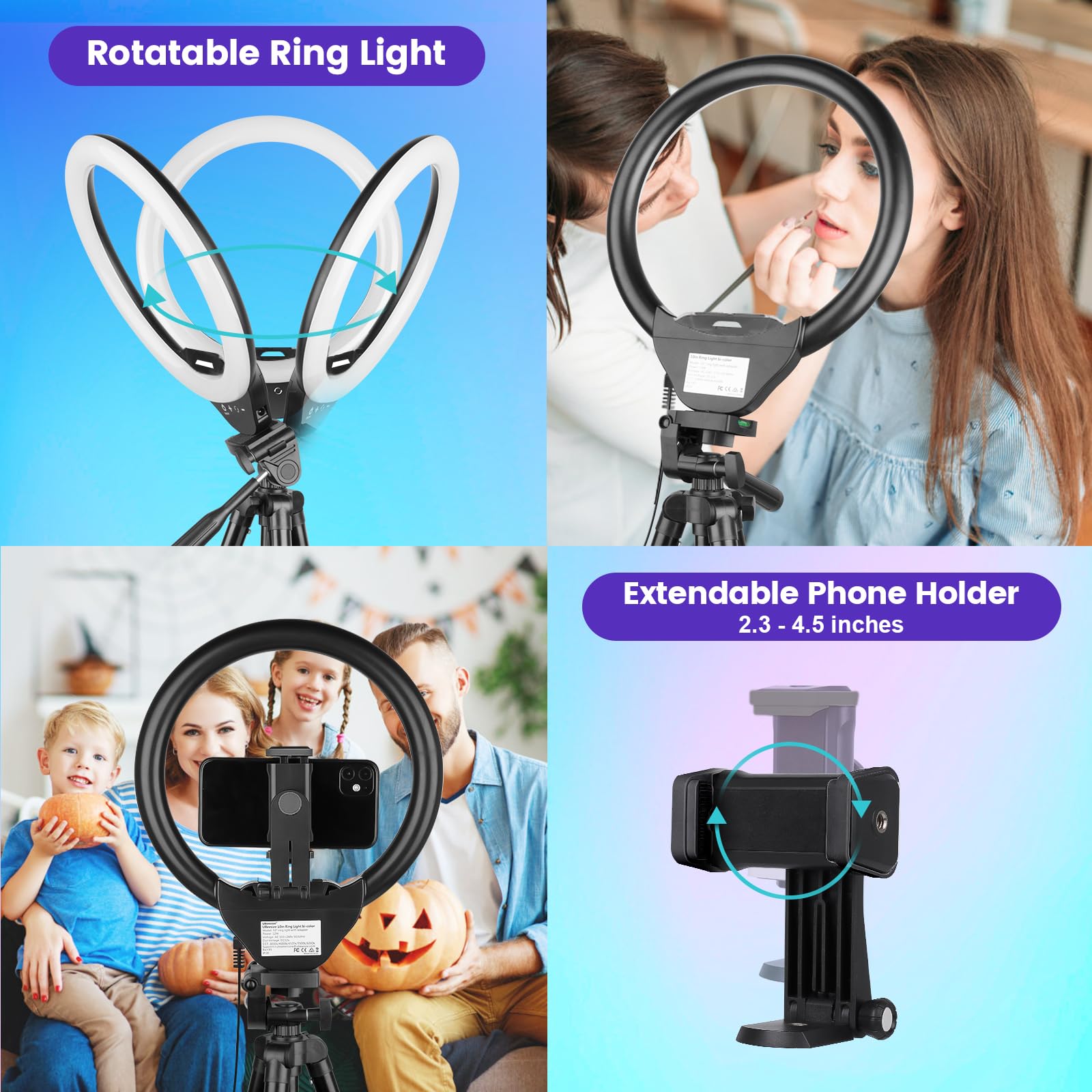 Sensyne 10'' Rgb Ring Light With 50'' Extendable Tripod Stand, Circle Lights With Phone Holder For Live Stream/Makeup/Youtube Vi