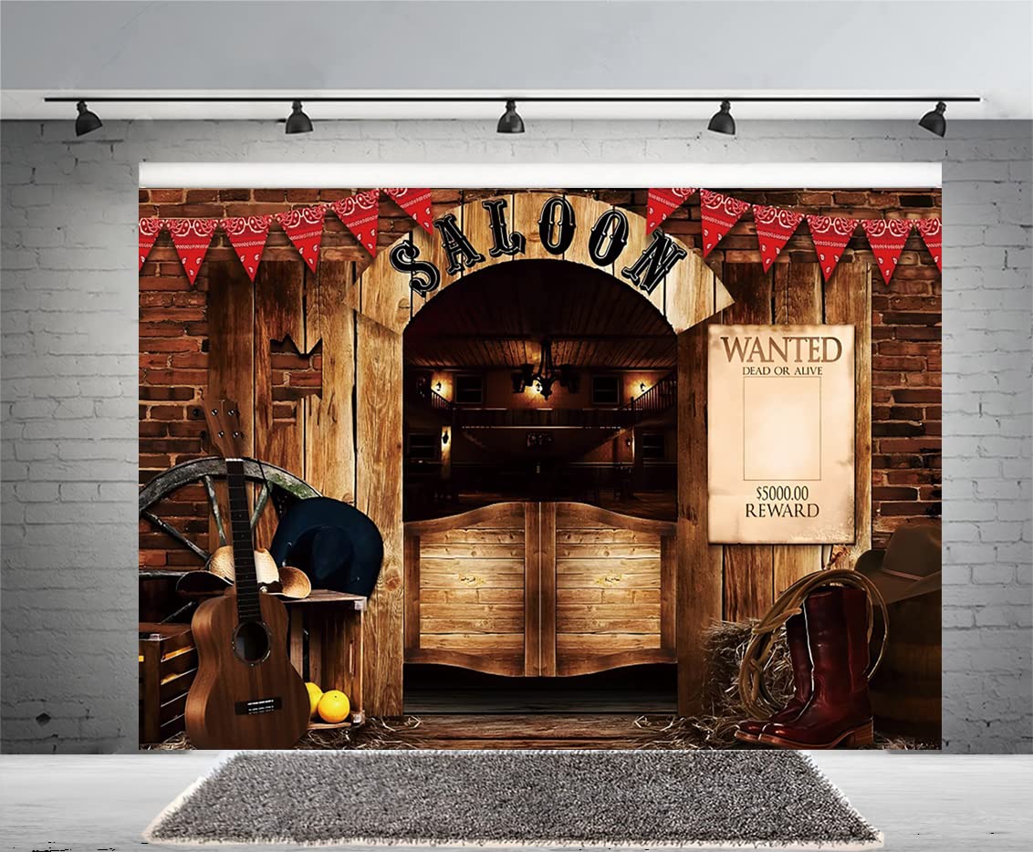 12X8Ft Vintage West Saloon Backdrop,Retro Western Cowboy Background Western Party Supplies Wooden House Barn Banner Cowboy Decor