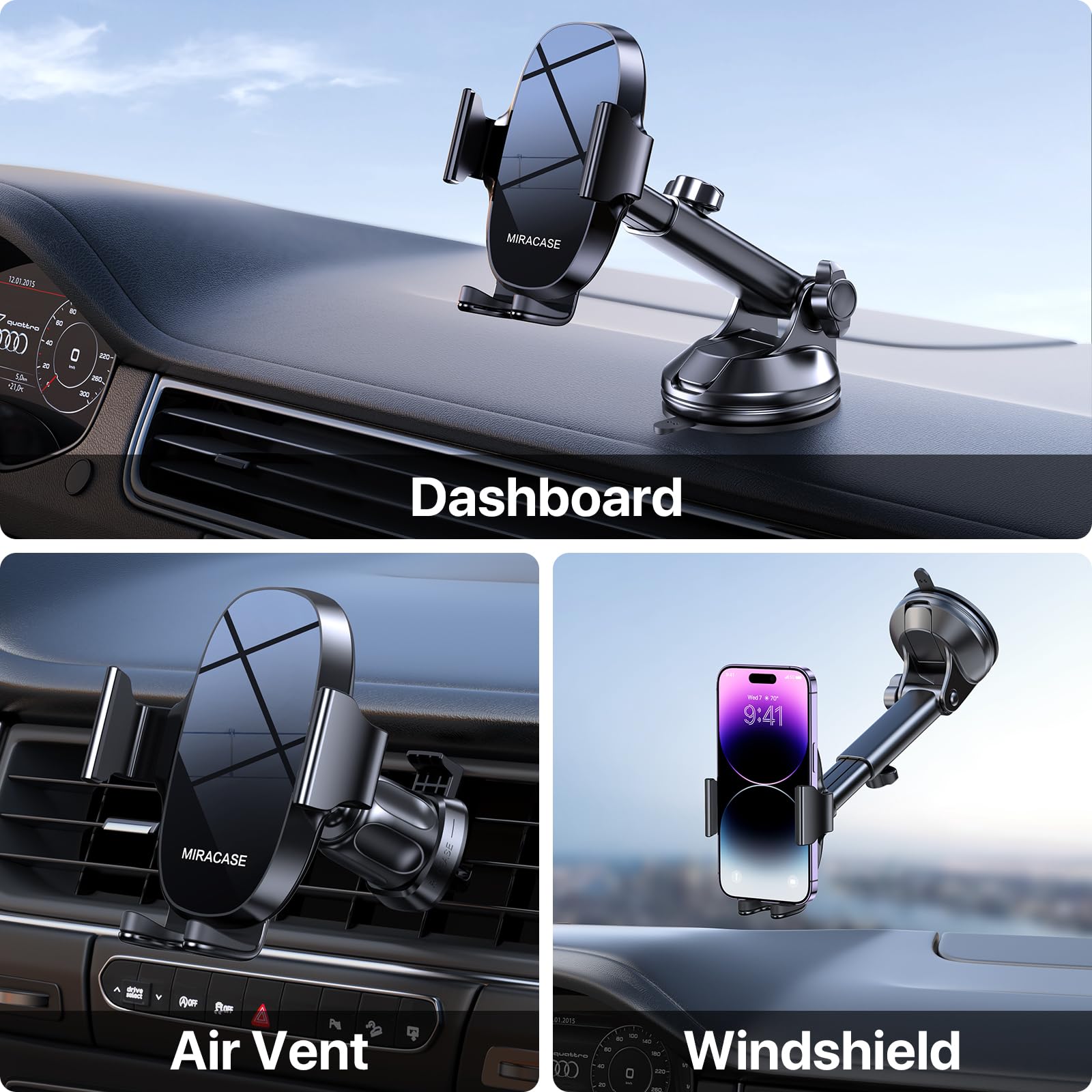Miracase 3 In 1 Cell Phone Holder For Car, Universal Phone Holder Mount For Dashboard Air Vent Windshield Compatible With Iphone