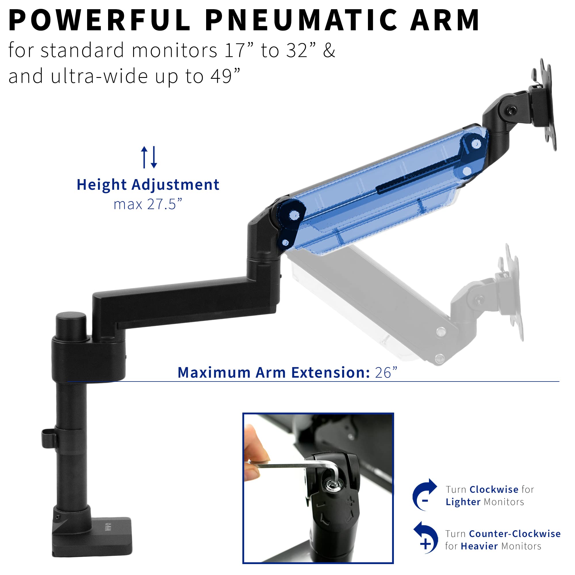 VIVO Premium Aluminum Tall Extended Monitor Arm for Ultrawide Monitors up to 49 inches and 33 lbs, Single Desk Mount Stand, Pneumatic Height Adjusting, Max VESA 100x100, Black, STAND V101GT