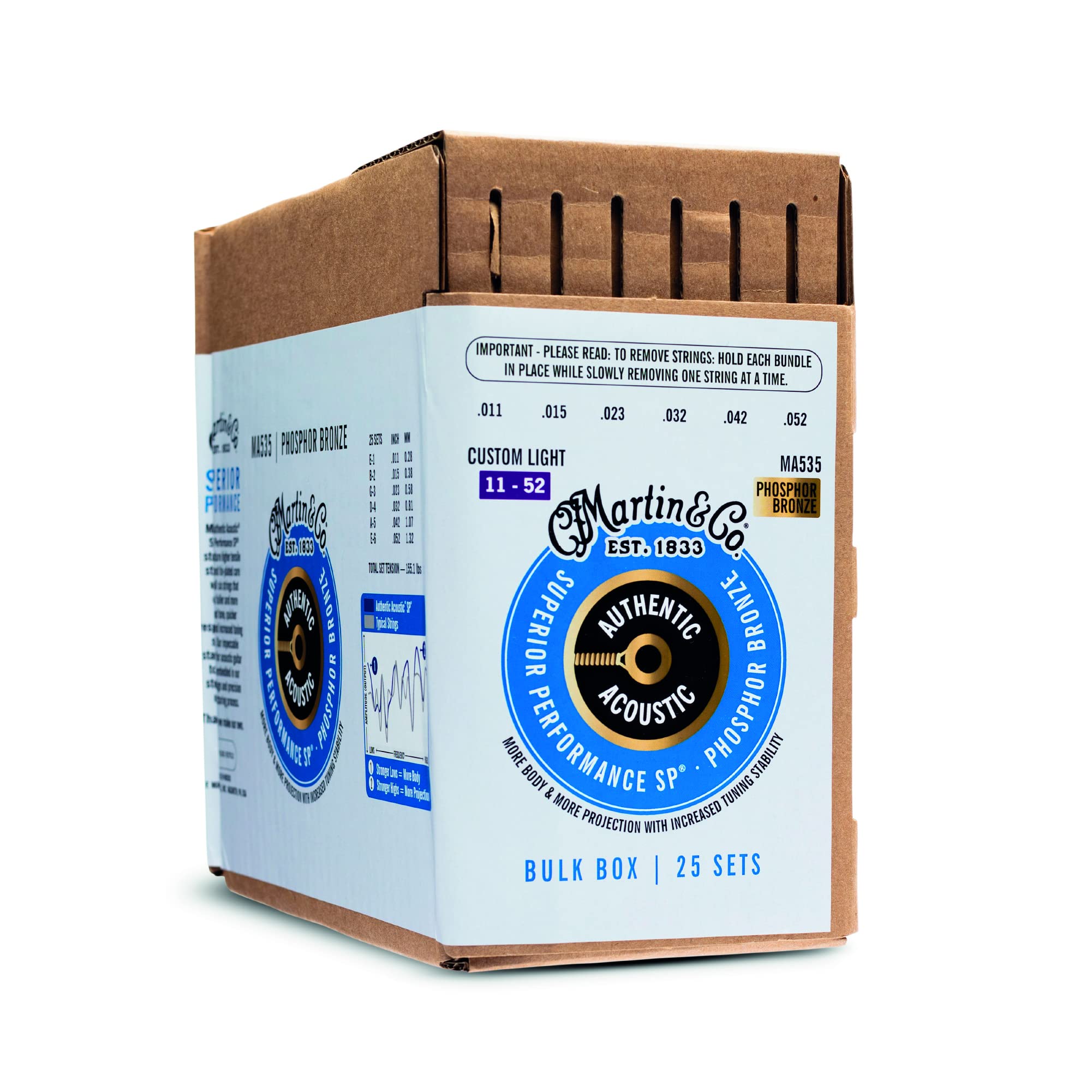 Martin Authentic Acoustic Guitar Strings, Superior Performance Custom Light 11-52, 92/8 Phosphor Bronze, 25 Sets