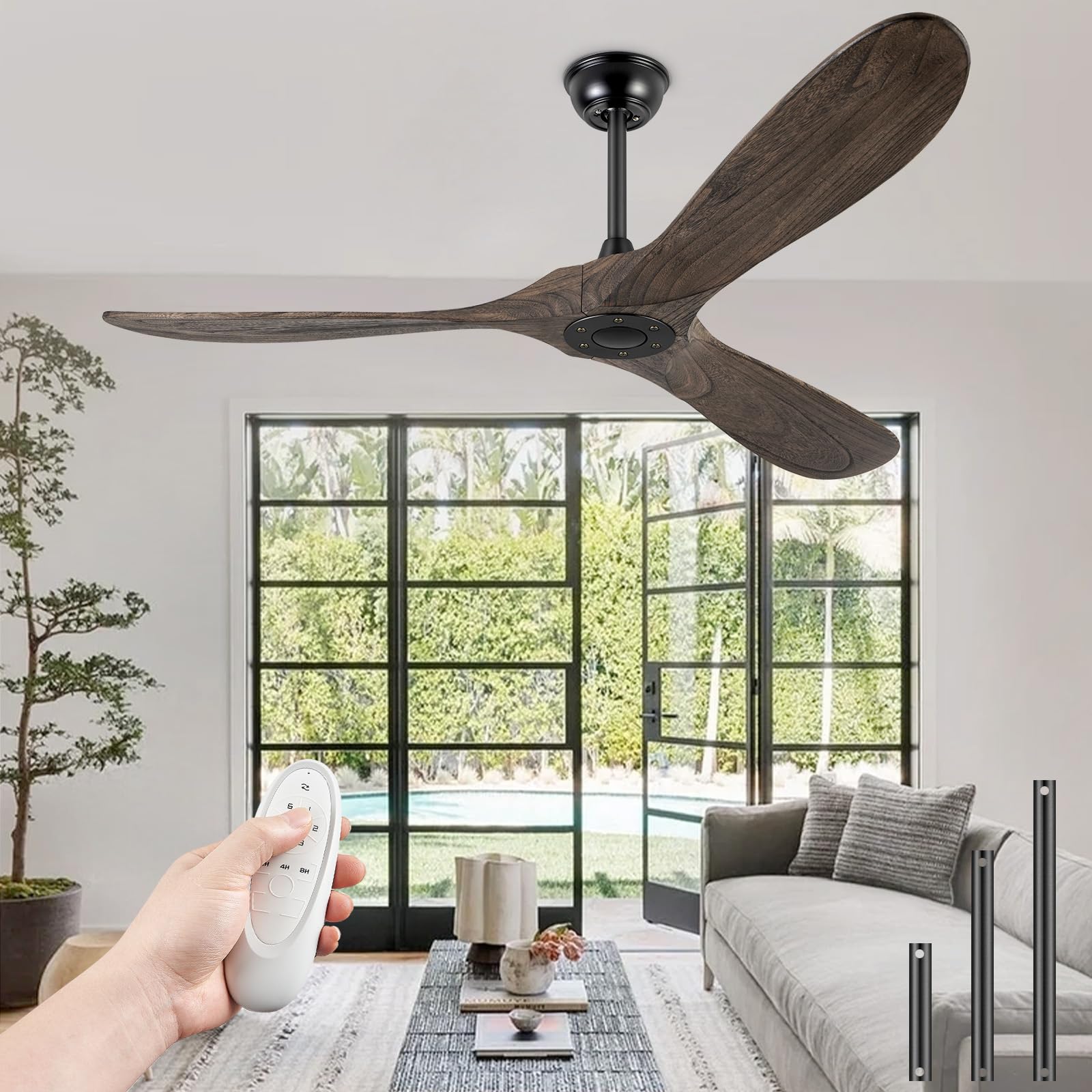 Boosant 72 Ceiling Fans Without Lights, Solid Wood Ceiling Fan With Remote Control And Quiet Dc Motor, Ceiling Fan No Light 3 Bl