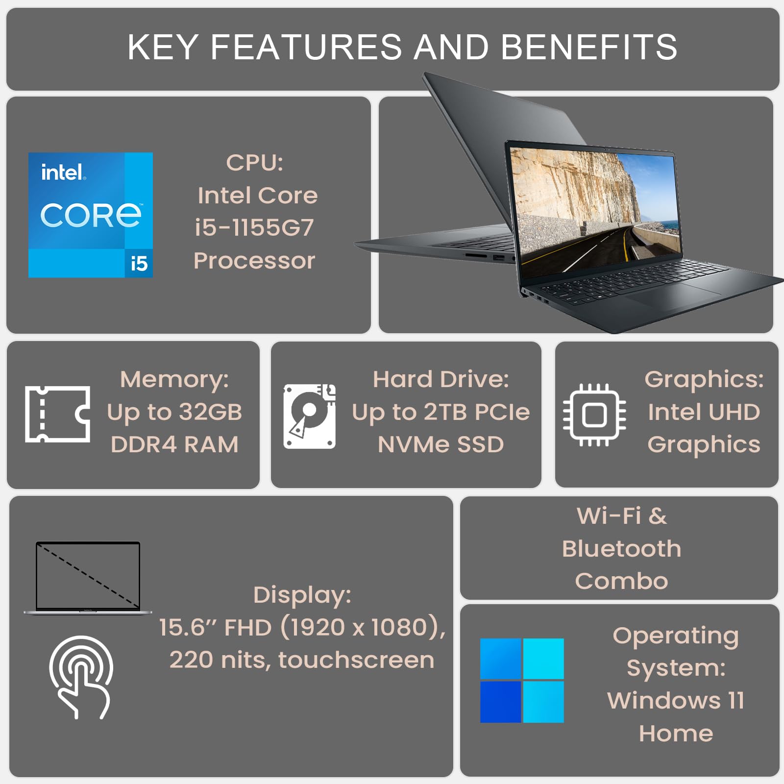 Dell Inspiron 3000 Series 3520 Laptop, 15.6 Fhd Touchscreen, Intel Core I5-1155G7, 8Gb Ddr4 Ram, 512Gb Pcie Ssd, Webcam, Sd Card