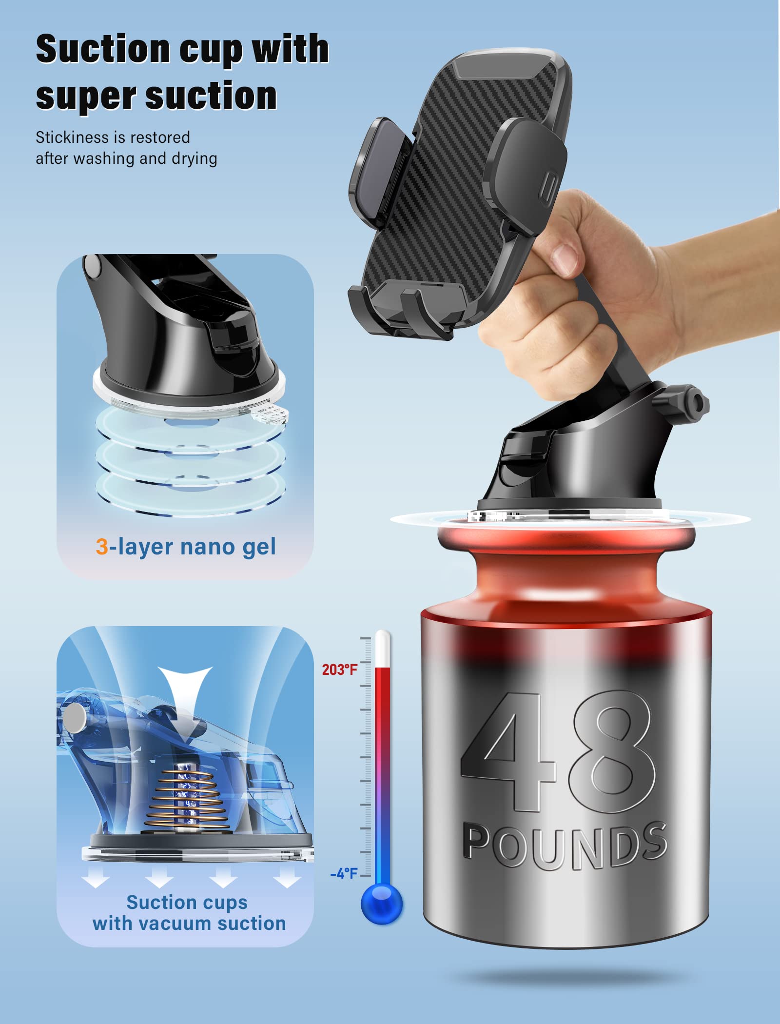 Tsryrlr Phone Holder Mount For Car [Strong Suction] Hands-Free Universal Cell Phone Mounts For Dashboard/Windshield, 360 Rotatio