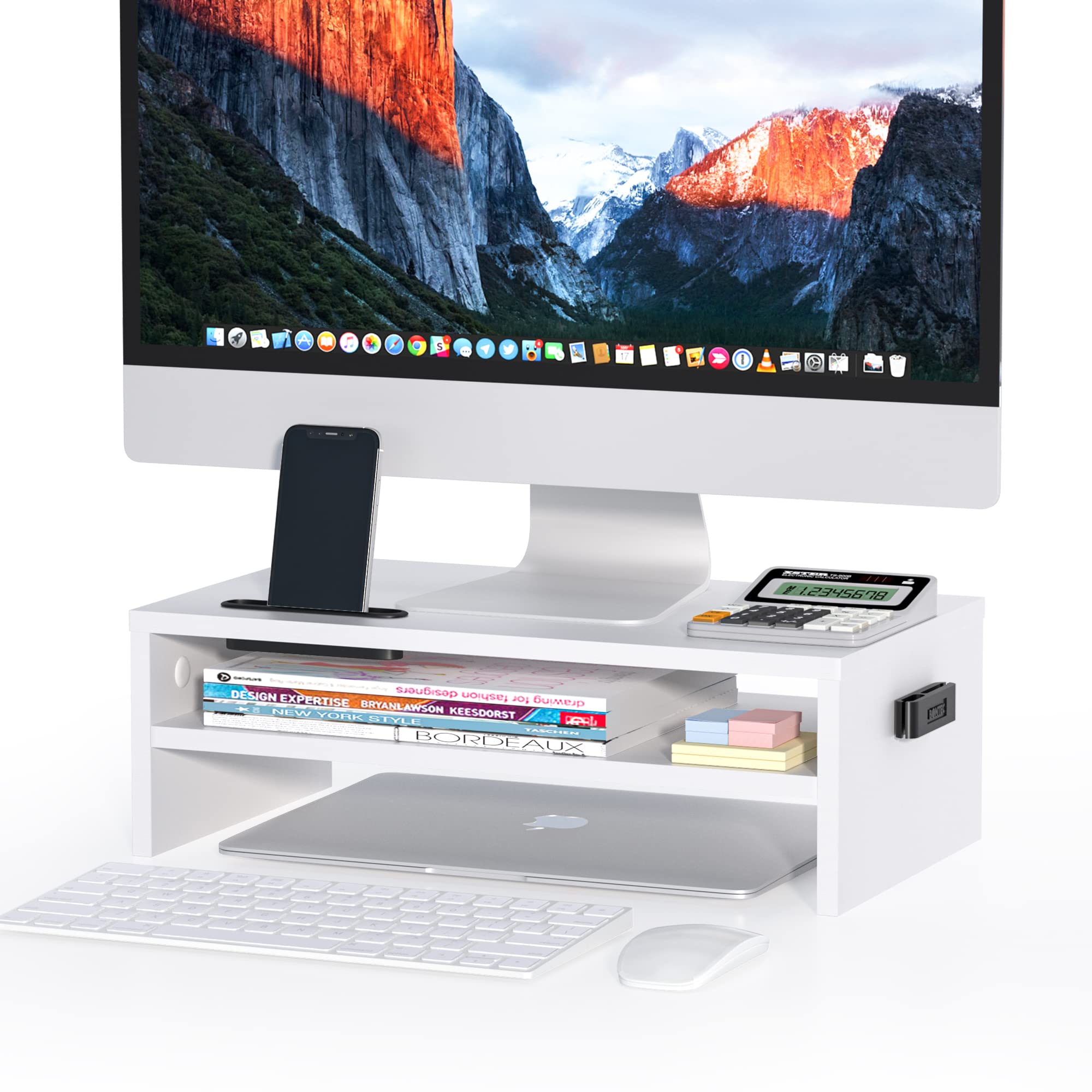 Bontec Monitor Stand Riser White, 2 Tiers Wood Monitor Riser Stand With Storage Organizer, Desktop Ergonomic Monitor Stand Riser