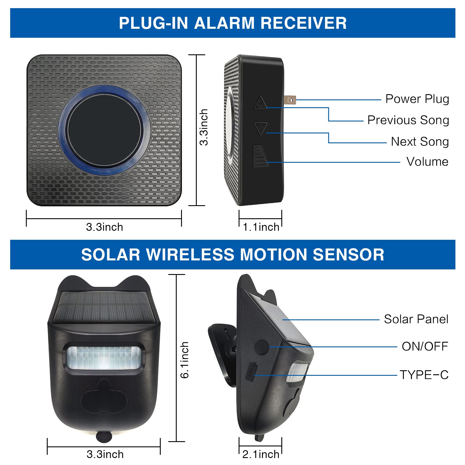 Solar Infrared Sensor Wireless Doorbell,Solar Driveway Alarm, With 1 Solar Wireless Motion Sensor & 1 Plug In Alarm Receiver Doo
