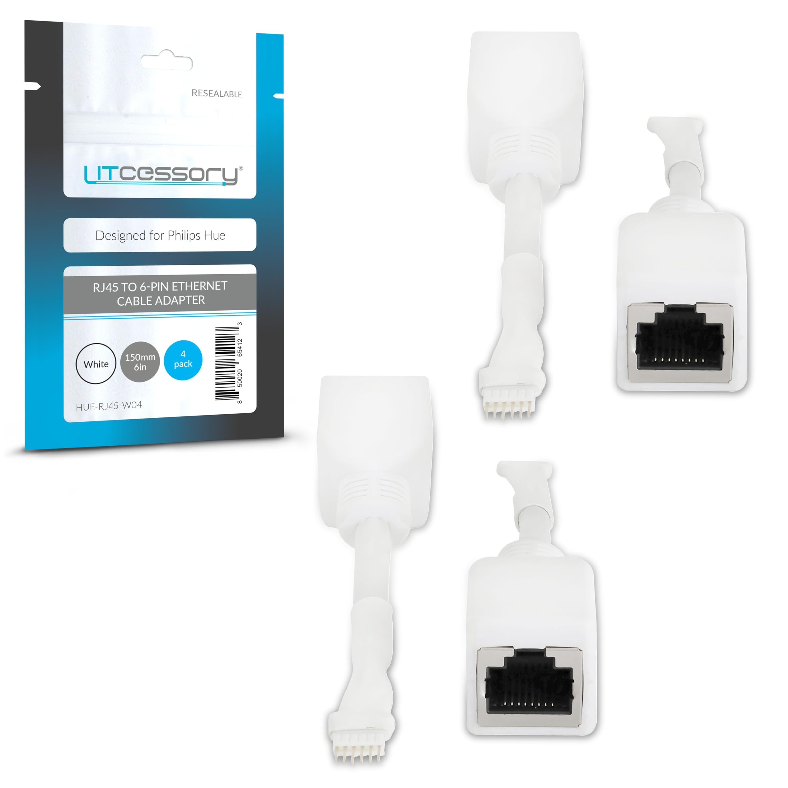 Litcessory RJ45 to 6-Pin Ethernet Cable Adapter for Philips Hue/Solo Lightstrip (4 Pack - Two Pairs, White - MICRO 6-PIN V4 / So
