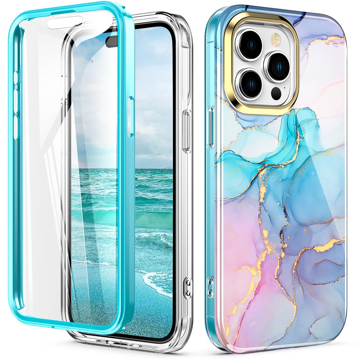 Turquiase Cute Marble Case For Iphone 15 Pro Max 6.7 Inch Built With Screen Protector, Lightweight And Stylish Full Body Shockpr