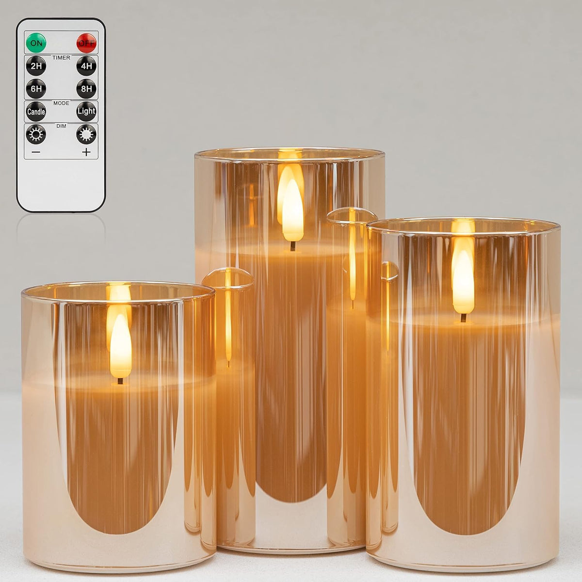 Covege Gold Glass Flickering Flameless Candles With Remote   Battery Operated Candles With 2/4/6/8 H Timer Led Pillar Candles Fo