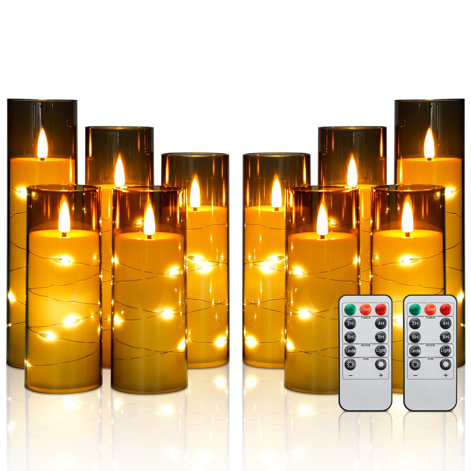 Enido 10 Pc Flameless Led Candles With Remote & Timer, Battery Operated Acrylic Pillar Set, Flickering Electric Lights With Embe
