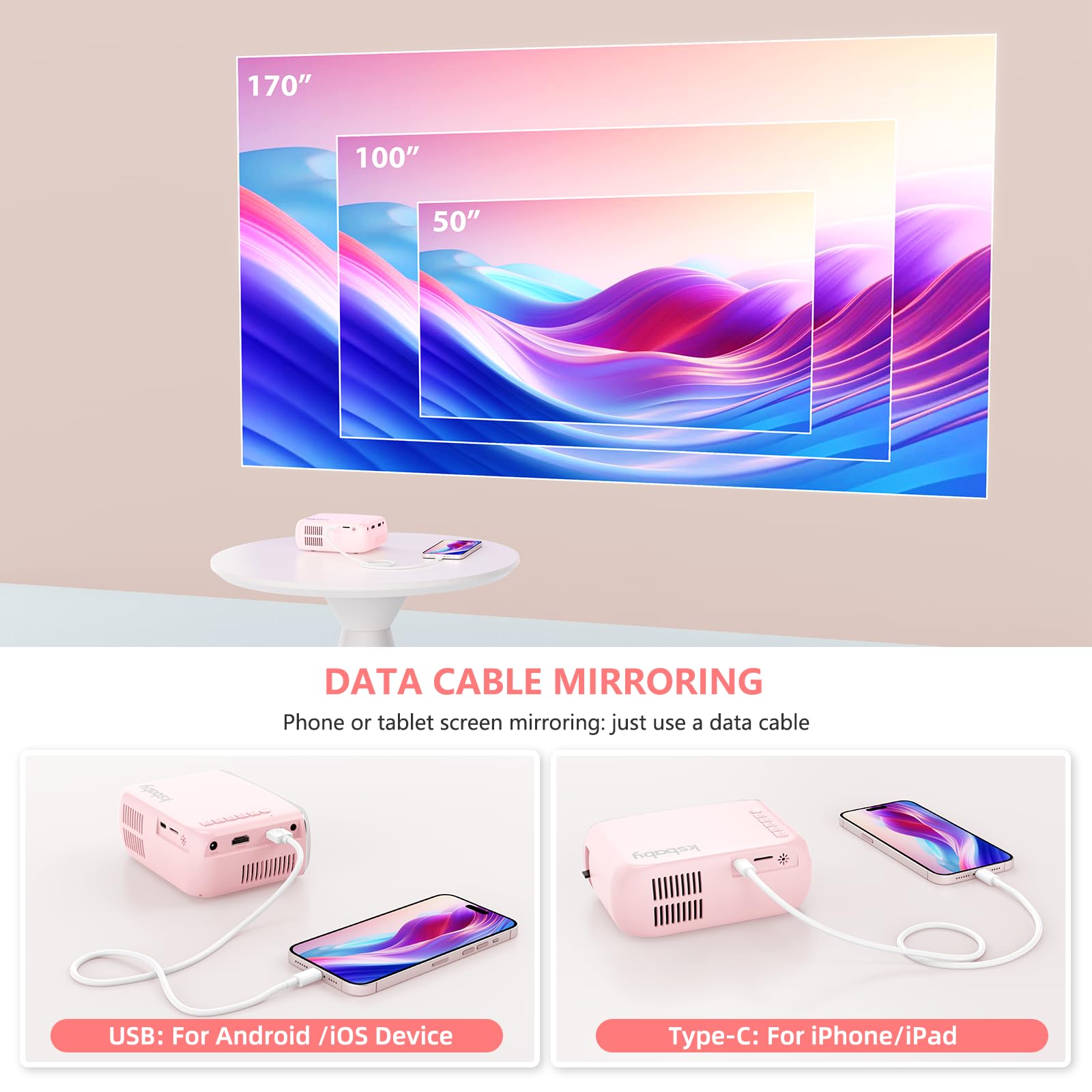 ksbaby Mini Projector VF270 - Portable Outdoor Projector, Light Pink, HDMI/USB/Type-C Compatible, Smartphone Mirroring
