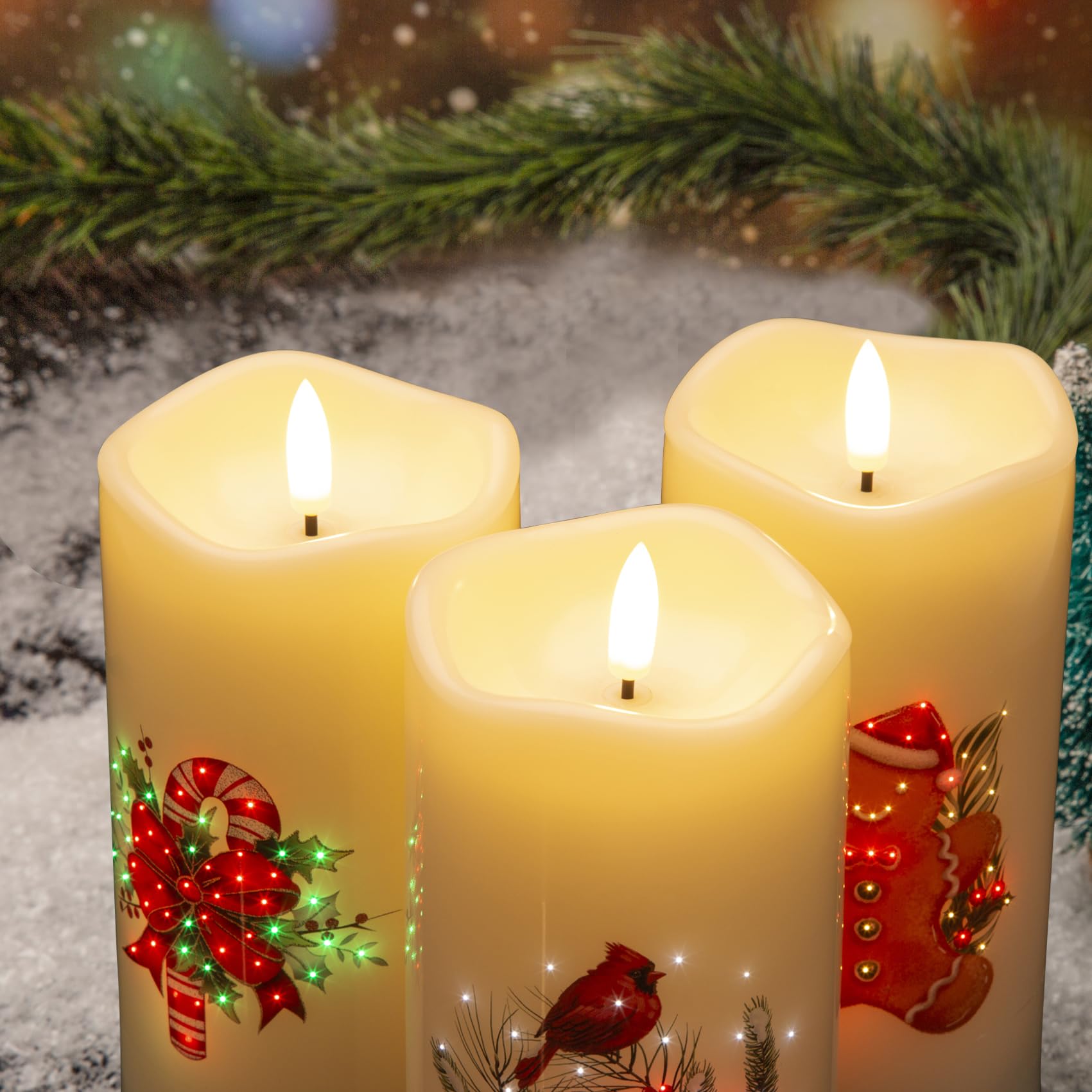 Eywamage Fiber Optic Flameless Candles With Remote, Cardinal Gingerbread Candy Canes Candles Flickering Led Pillar Candles Set O