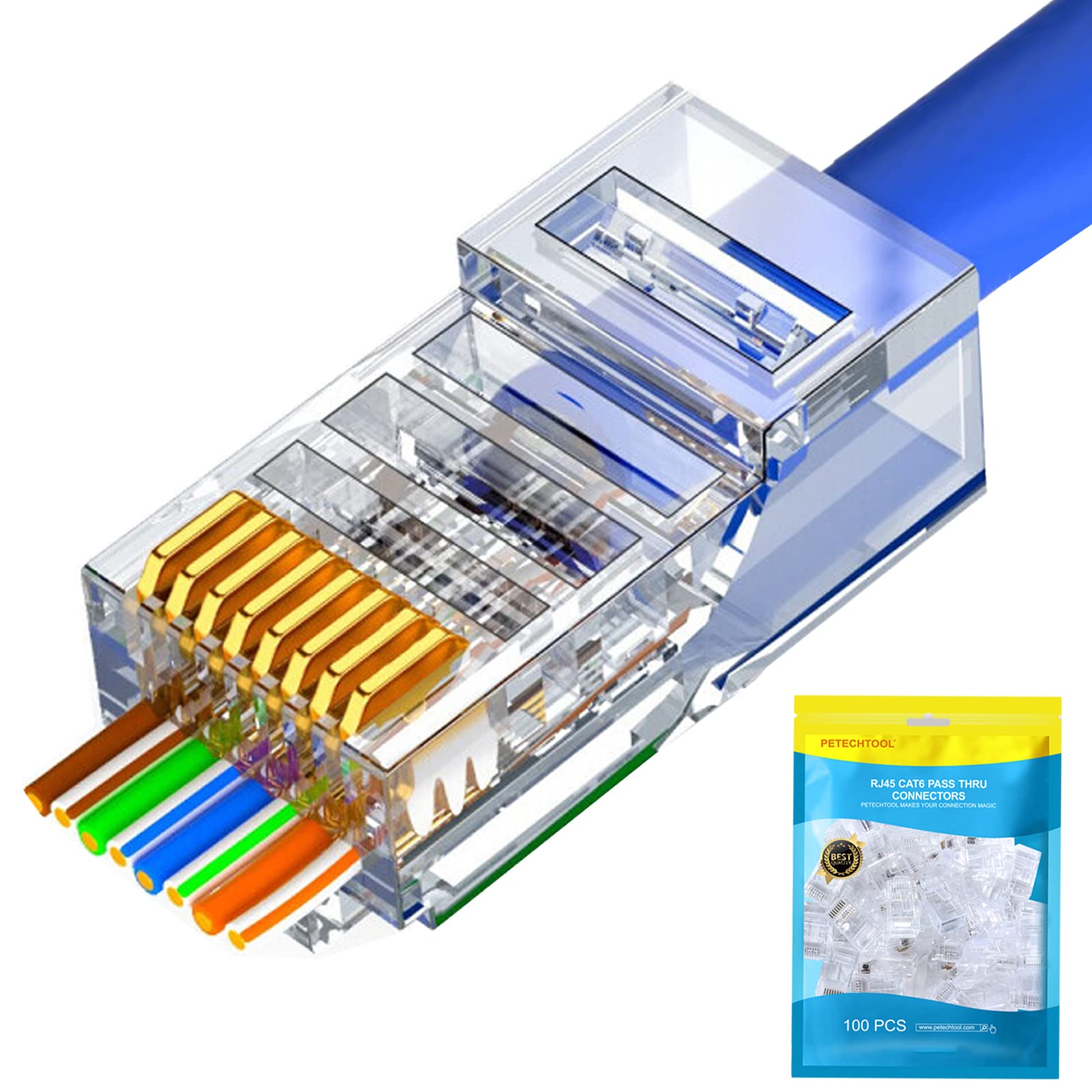 Petechtool Rj45 Cat6 Cat5 Connectors Ends Gold Plated 8P8C Ethernet Pass Through Plug (100Pack)