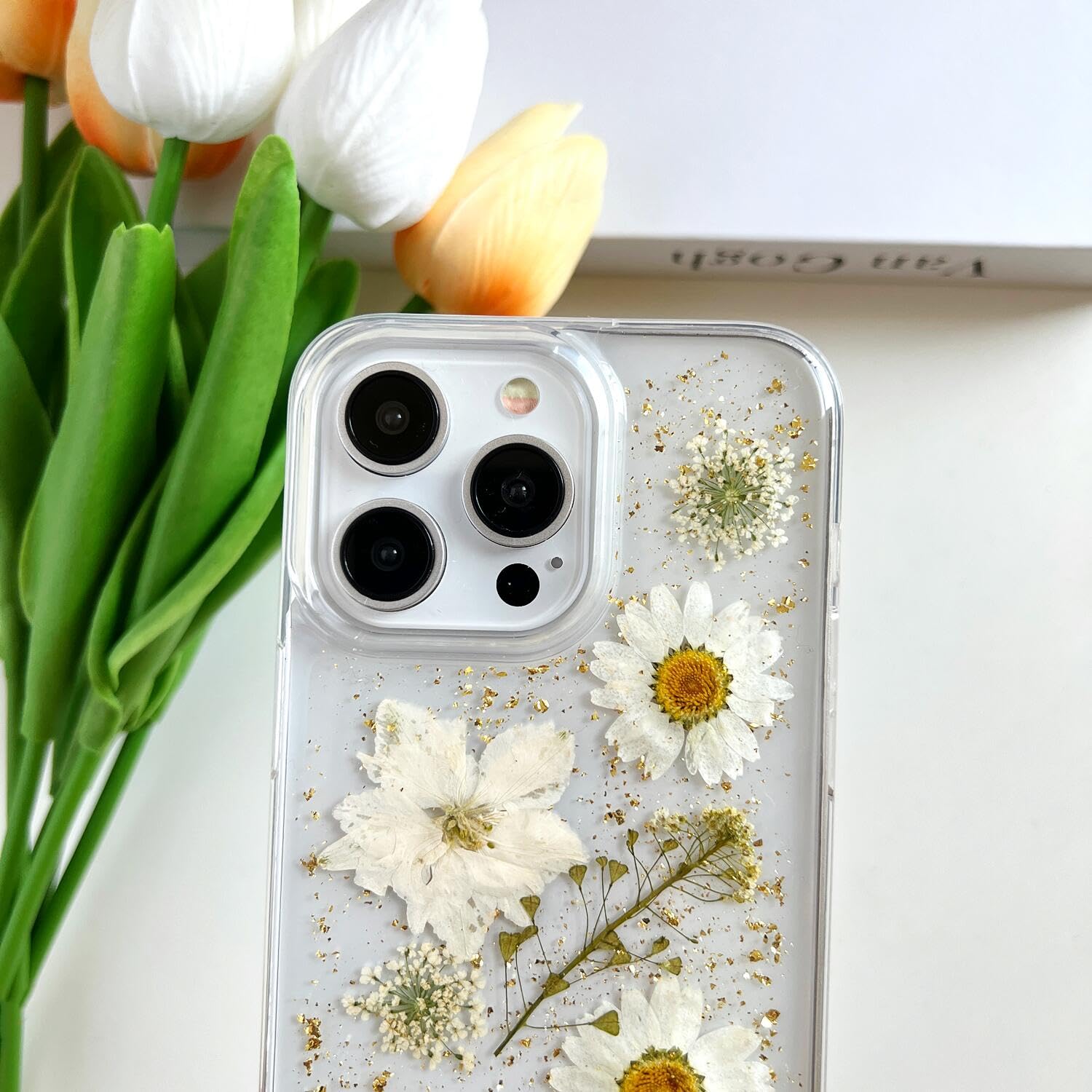 Lseeka For Iphone 15 Pro Max Clear Case With Pressed Real Flowers Design,Glitter Cute White Floral Pattern Slim Soft Tpu Protect