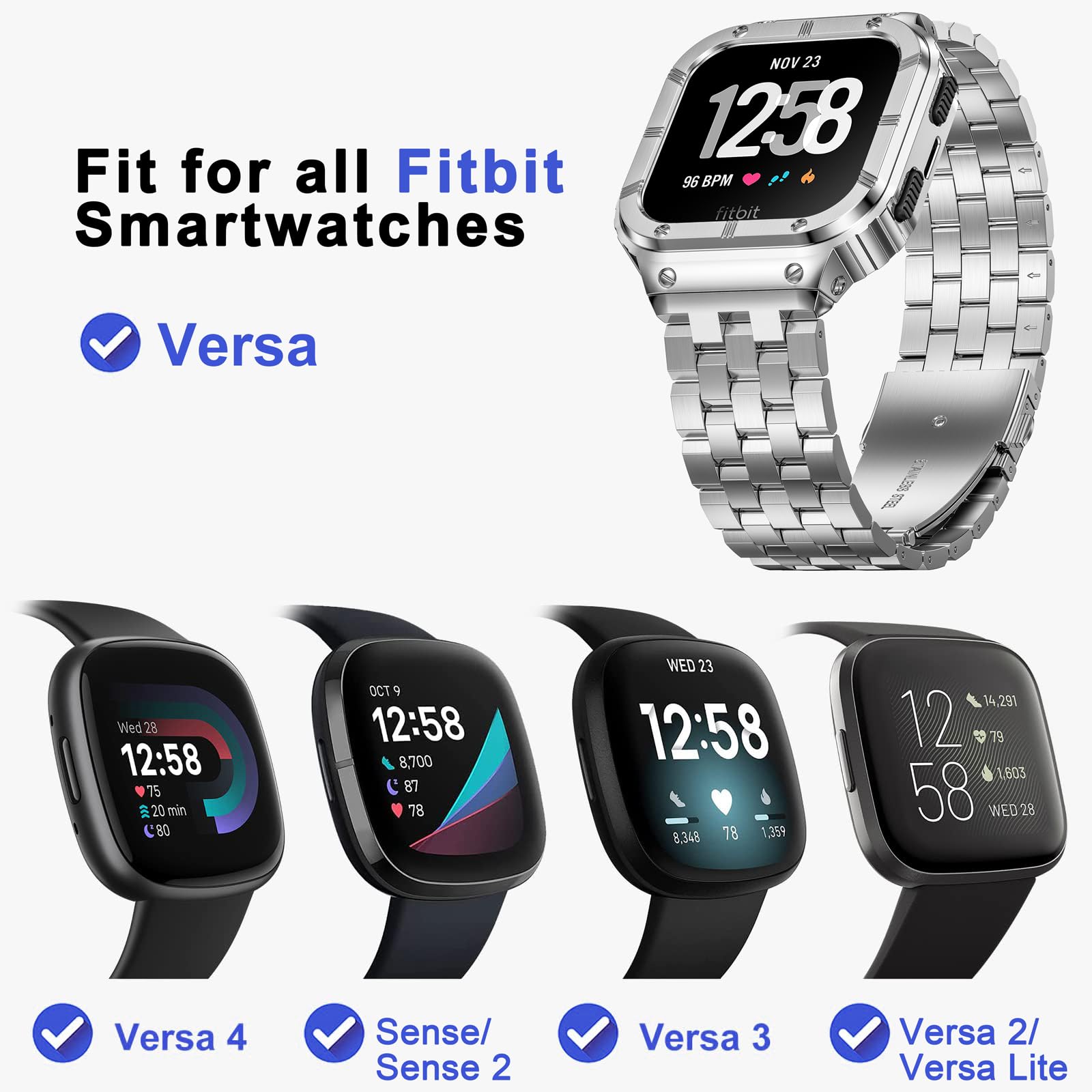 Suplink Stainless Steel Case And Band Compatible With Fitbit Versa 2 Bands/Versa/Versa 3/Fitbit Versa 4 Bands Men,Rugged Cover S