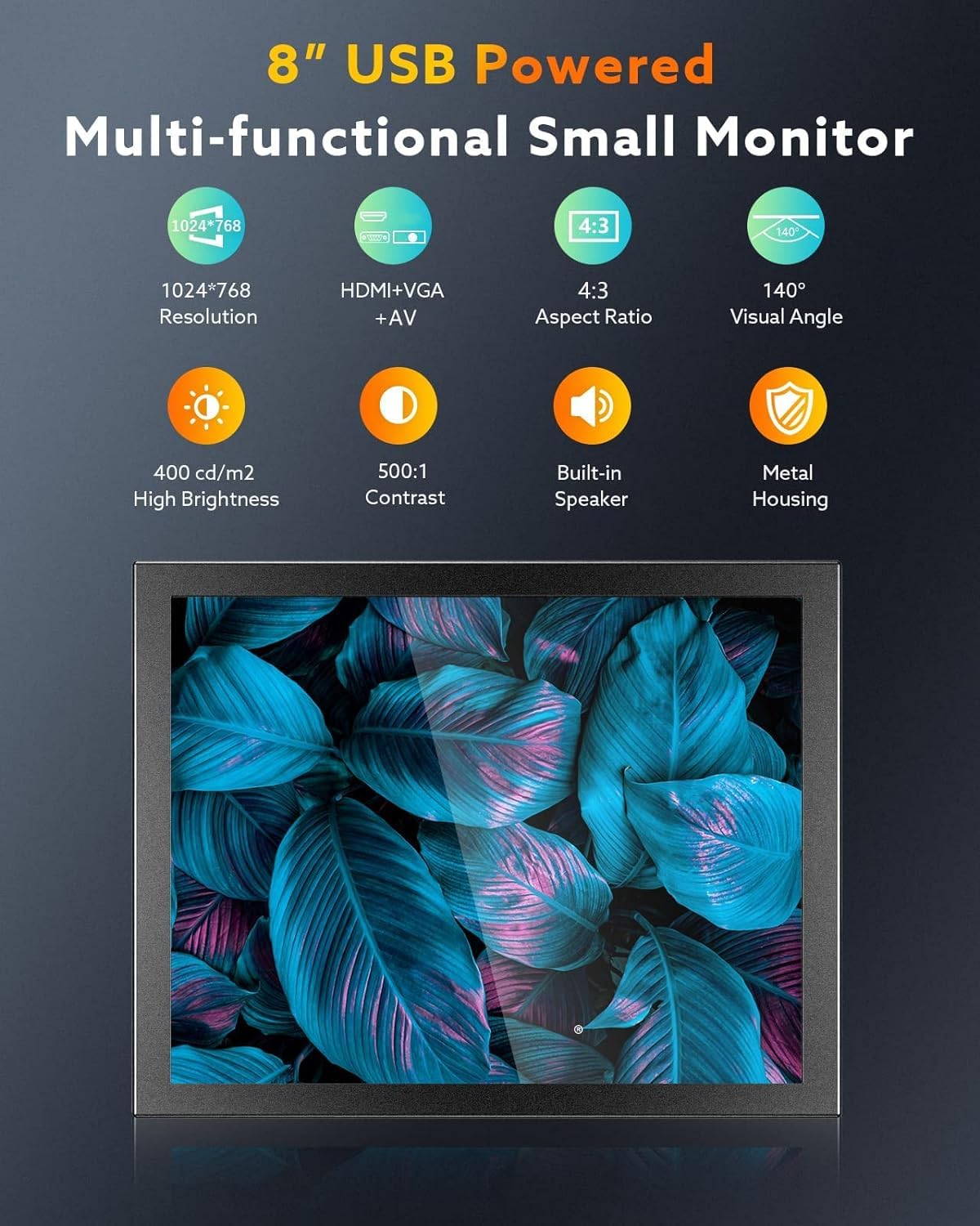 Eyoyo 8 Inch Small Mini Monitor 1024X768 Resolution Car Rear View Tft Lcd Screen Display With Hdmi/Vga/Av Video Input For Pc Dvd