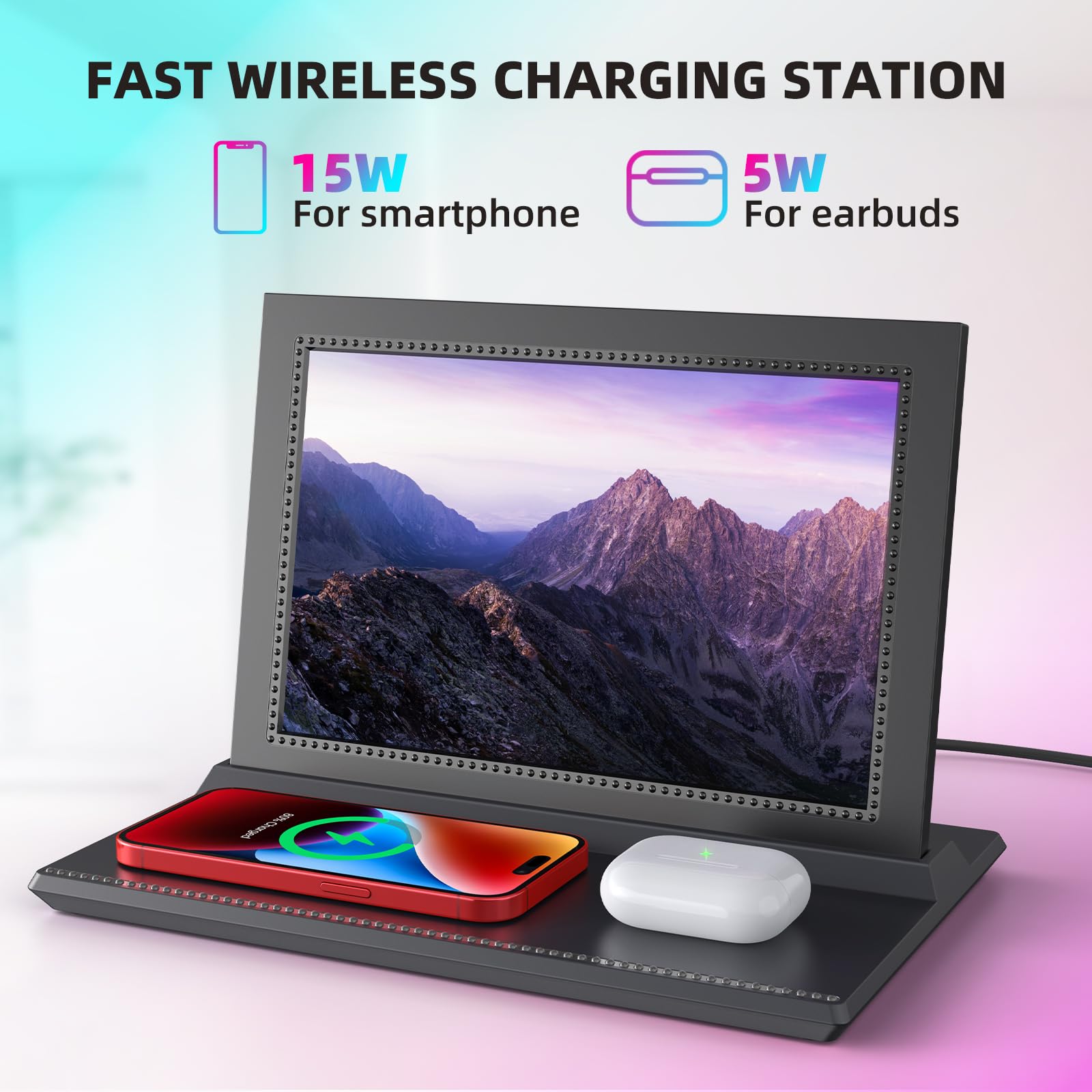 Nbtous 3 In 1 10.1'' Wifi Digital Picture Frame With Charging Station.15W For Phone And 5W For Earbuds. Internal 32Gb Storage, F