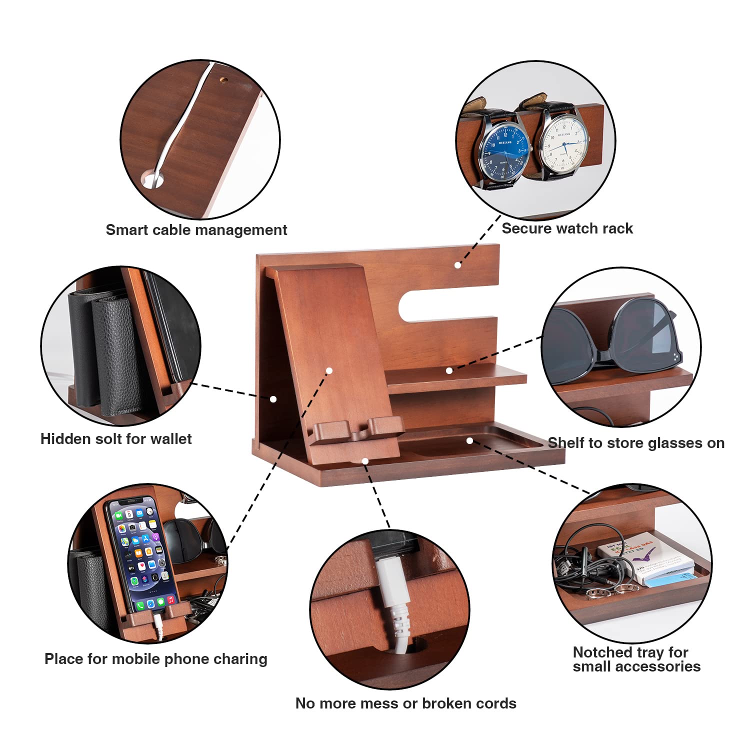Gifts For Men Dad Husband Boyfriend Wood Phone Docking Station For Dad Gifts Key Wallet Stand Watch Organizer Birthday Gifts For