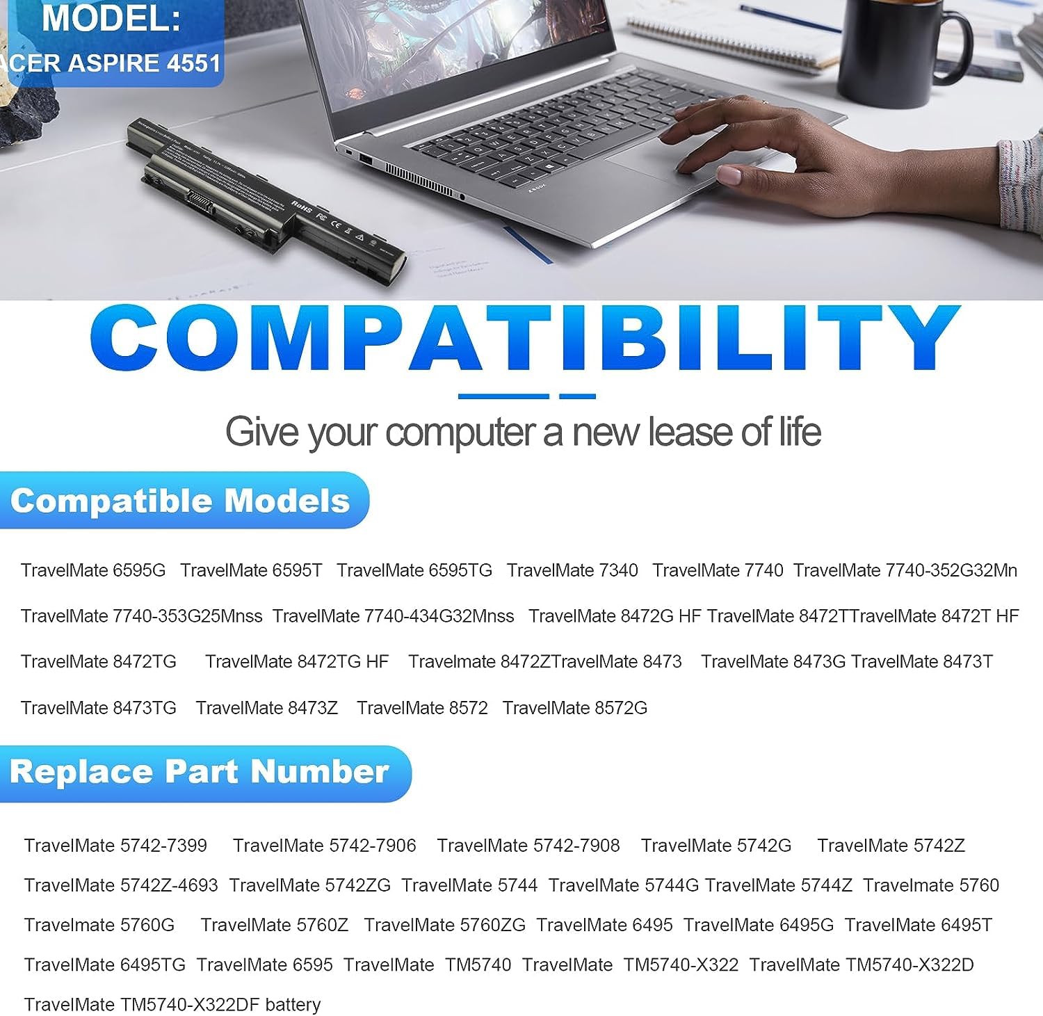 Laptop Battery Replacement For Acer Aspire 4250 4253 4339 4349 4738 4739 4743 4741 4750 4755G 4752 4771 5551 5552G 5560 5733 574