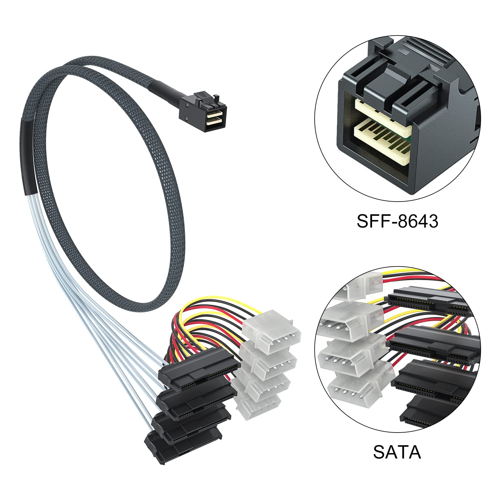Internal Mini Sas Hd Sff-8643 To 4Xsff-8482 Fan-Out Sas Cable With Ide Molex Sata Power For Raid Controller To Hard Drive, 12Gb/