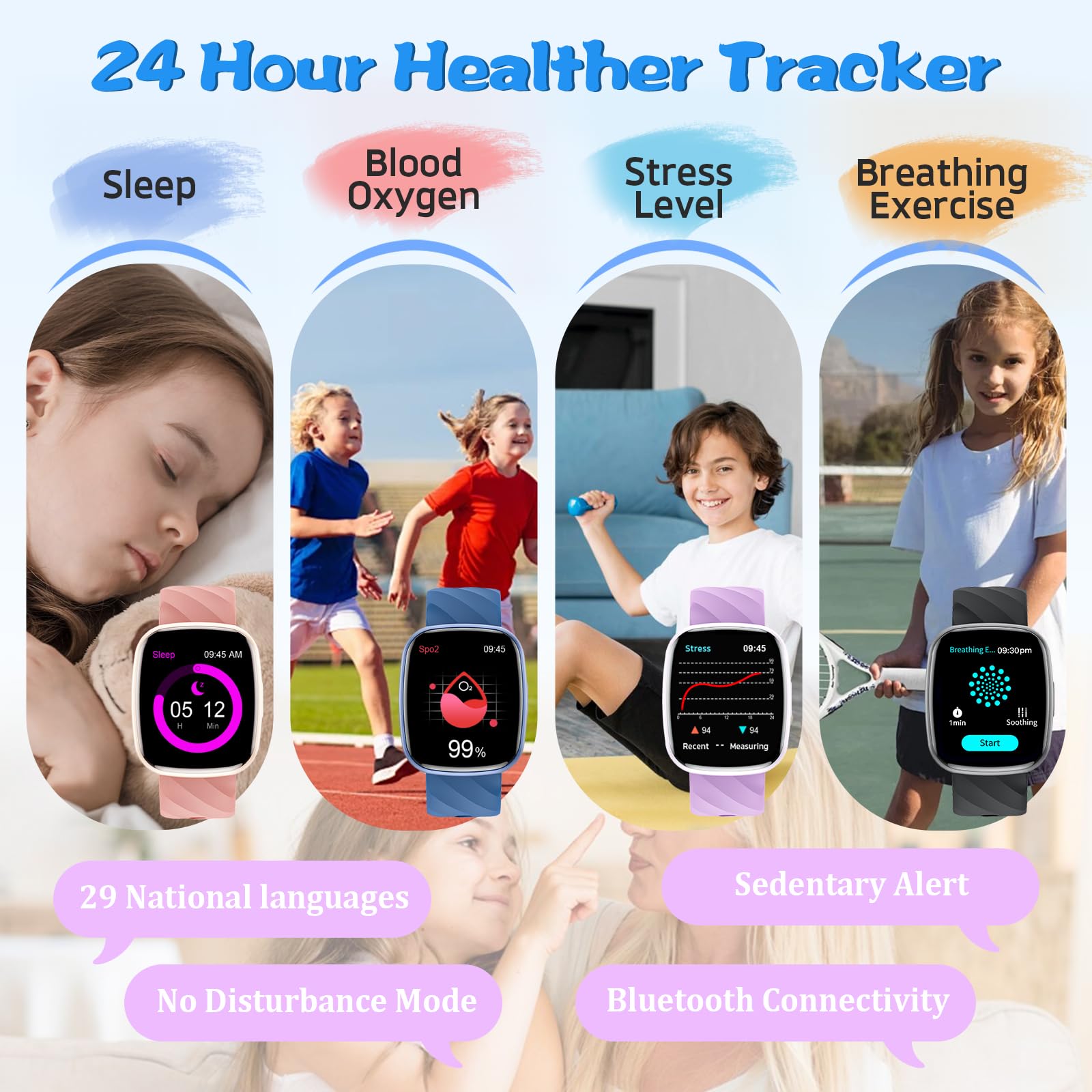 Smart Watch For Kids Fitness Activity Tracker For Boys Girls, Waterproof, Puzzle Games, Alarm Music, Sport Mode, Heart Rate, Sle