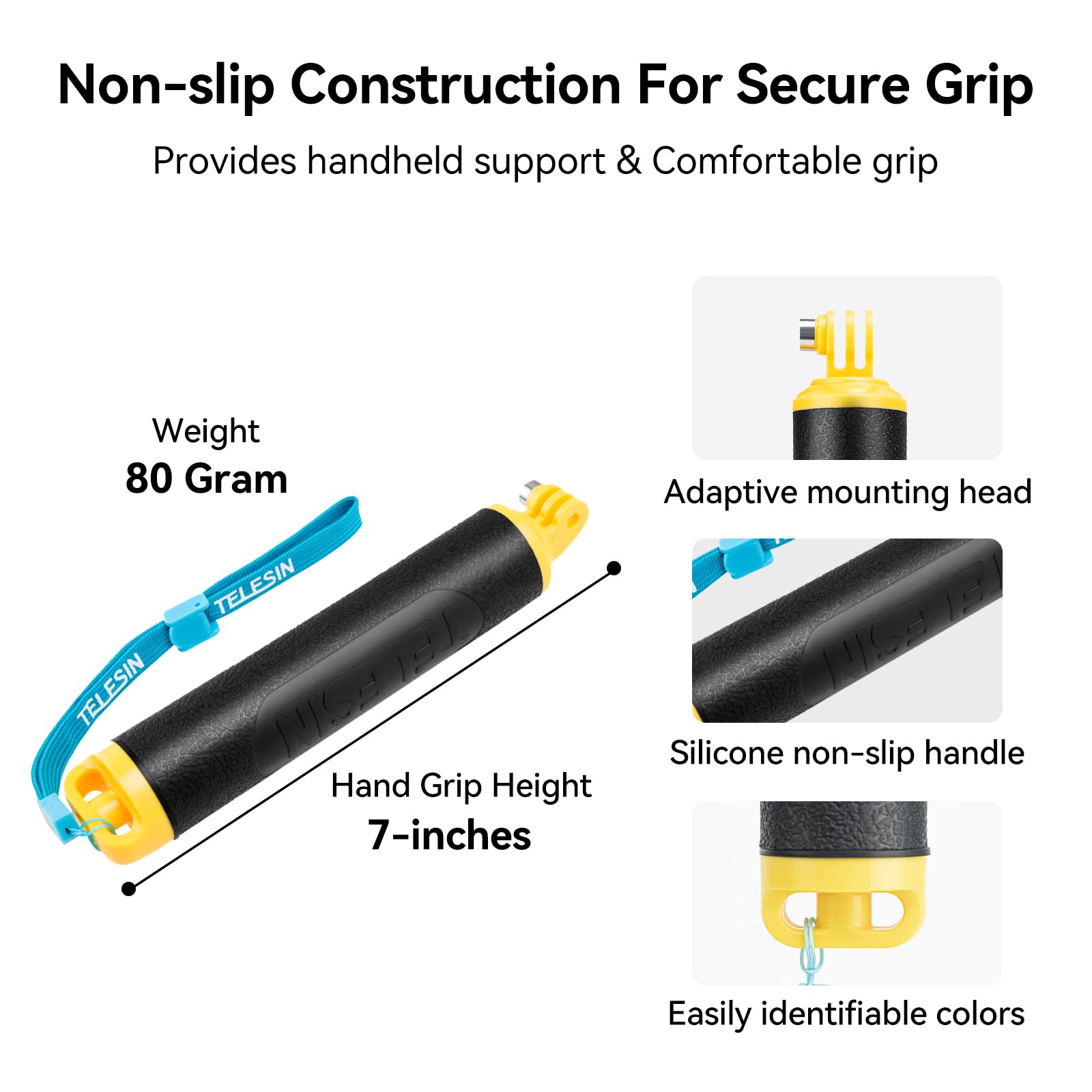 Telesin Floating Gopro Stick Floating Selfie Stick For Gopro Hero 13 12 11 10 9 8 7 6, Fusion, Max, Dji And Most Action Cameras   For Snorkeling, Surfing, Waterparks