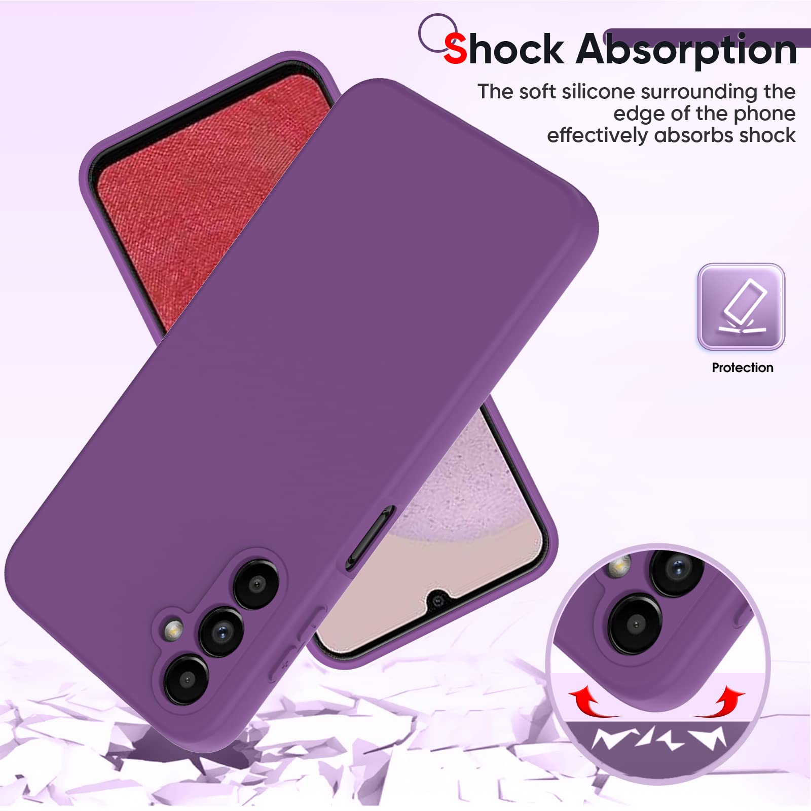 Leyi For Galaxy A14 5G Case: Liquid Silicone, Slim Silky Soft Protective Cover, Red Purple With 2 Pack Tempered Glass Screen Pro