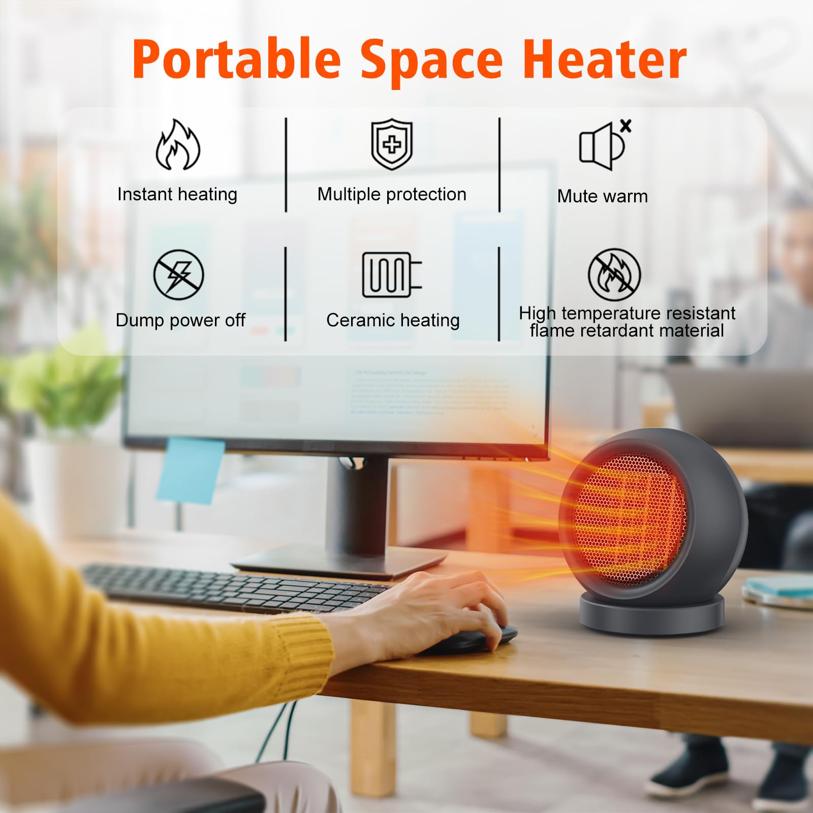 Coolfor PTC Ceramic Electric Space Heater - High Output Desk Heater for Home, Bedroom, Office - Dark Grey