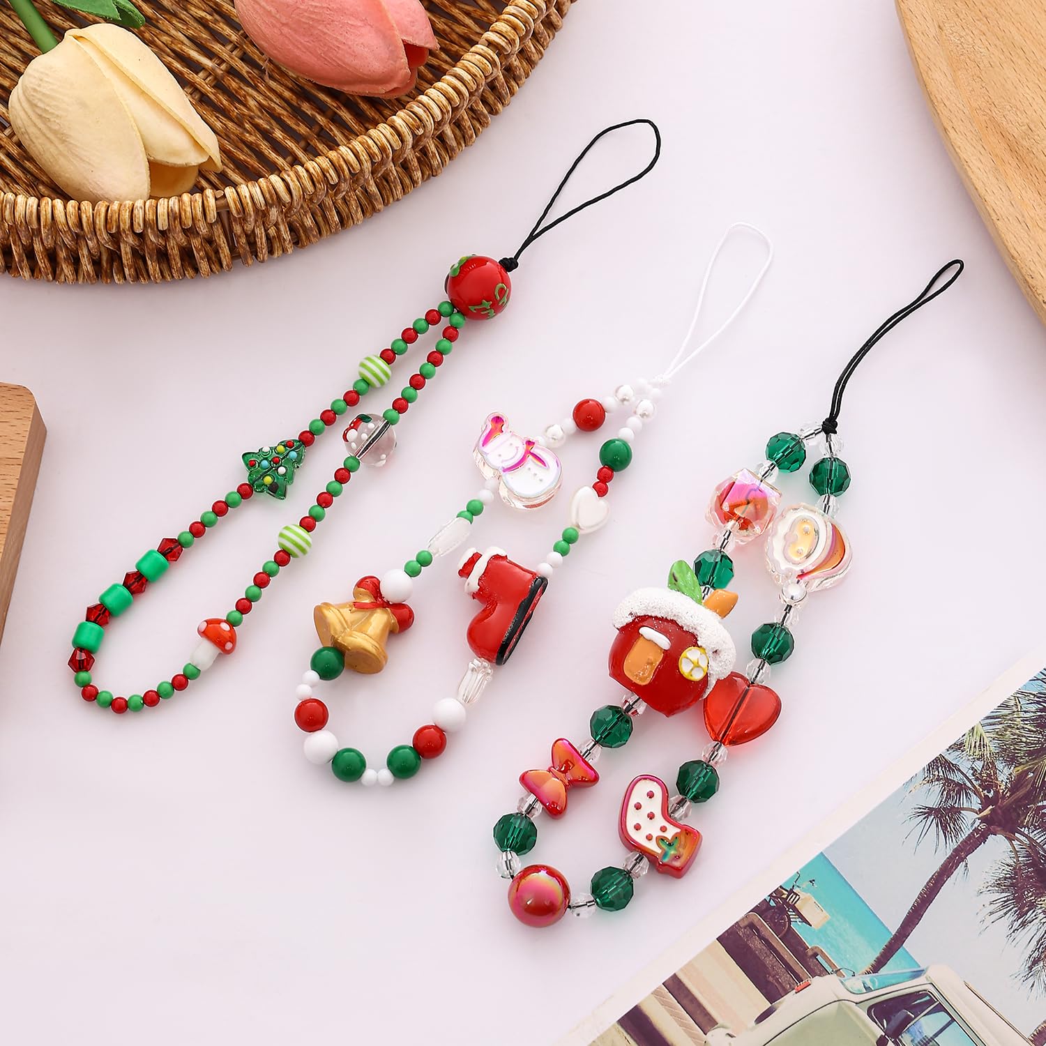 Taouzi 3 Pieces Christmas Charms For Phone Christmas Phone Lanyard Wrist Strap Fashion Cell Phone Chains Strap Keychain Lanyard