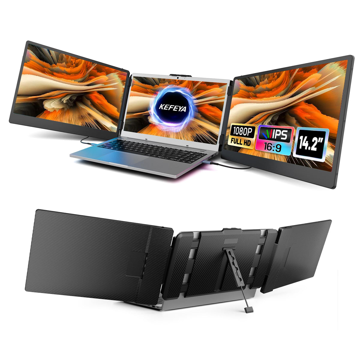 Kefeya Laptop Screen Extender, 14.2'' Portable Triple Monitor For Laptop With Full Hd Ips Display, Laptop Extended Monitor Compa
