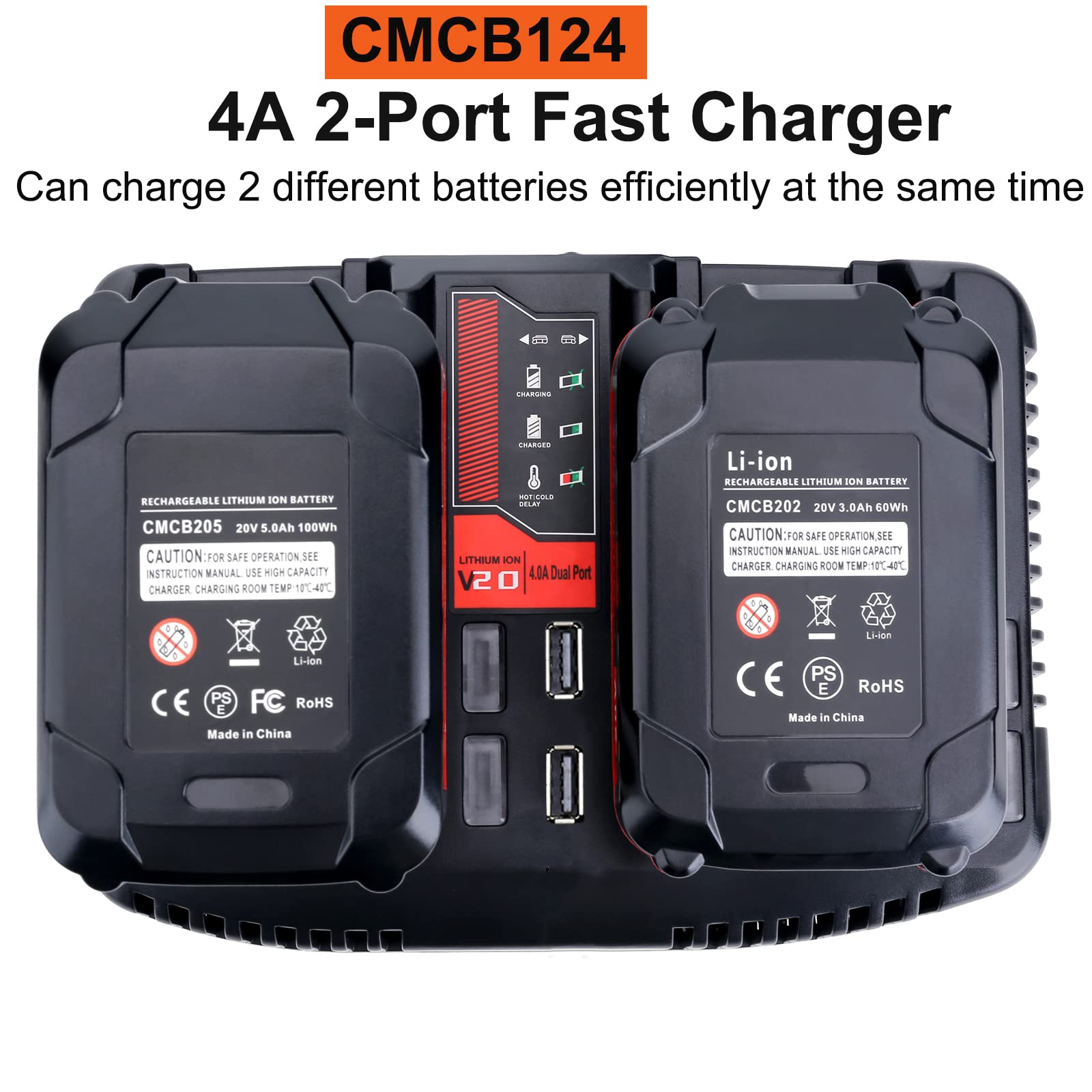 Gonocop Cmcb124 Dual Port V20 Battery Fast Charger Replacement For Craftsman 20V Max Lithium Cmcb202 Cmcb204 Cmcb206 With 2 Usb