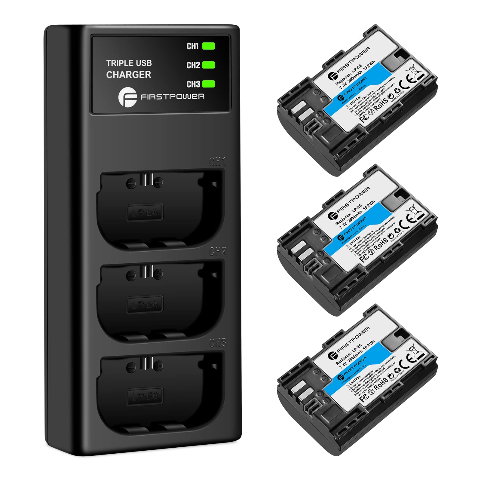Firstpower Lp E6 Lp E6N Battery 3 Pack 2600Mah And Triple Slot Charger For Canon Eos 5D Mark Ii Iii Iv, 5Ds, 5Ds R, 6D, 6D Mark