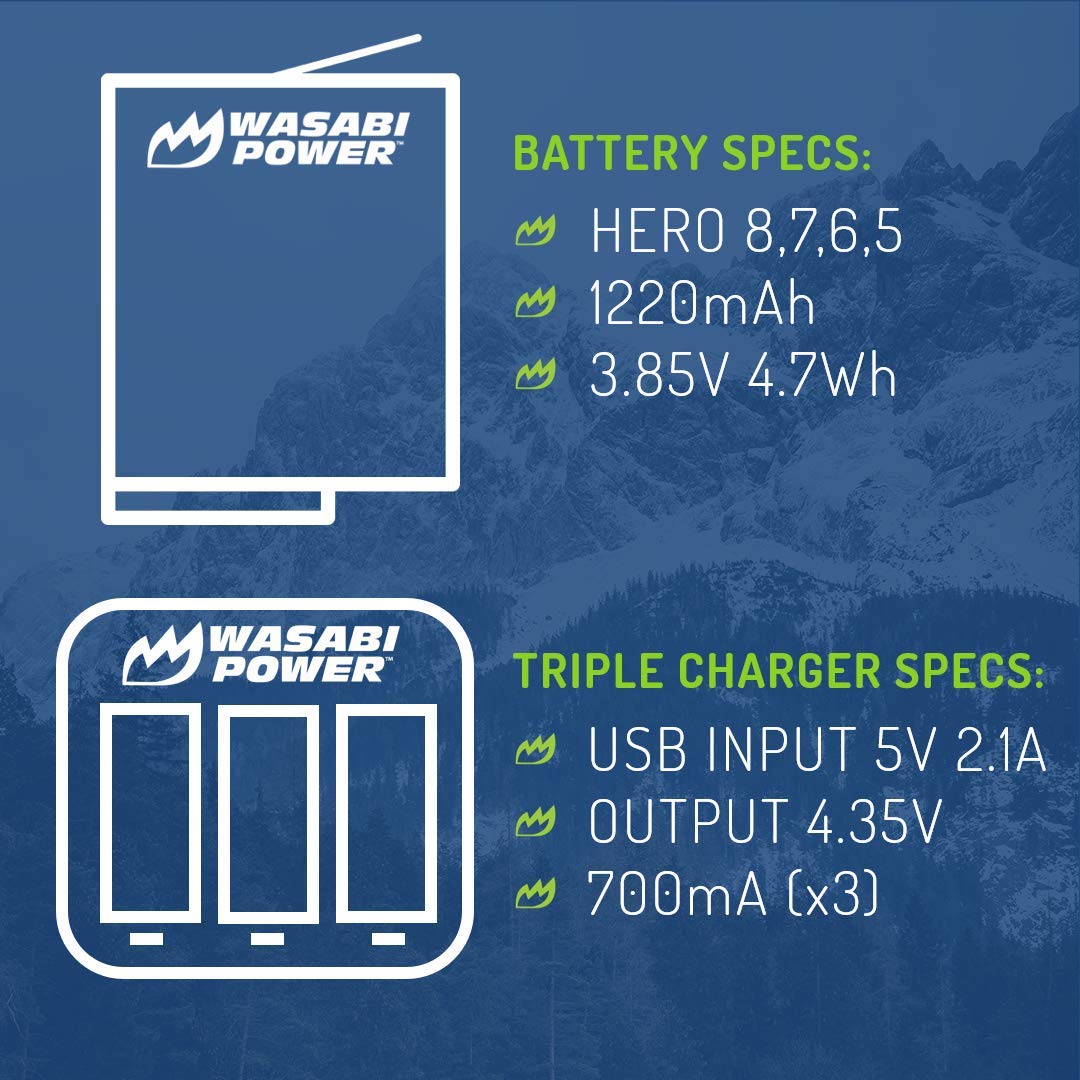Wasabi Power Battery (4 Pack) And Triple Charger Replacement For Gopro Hero 8 Black (All Features Available), Hero 7 Black, Hero