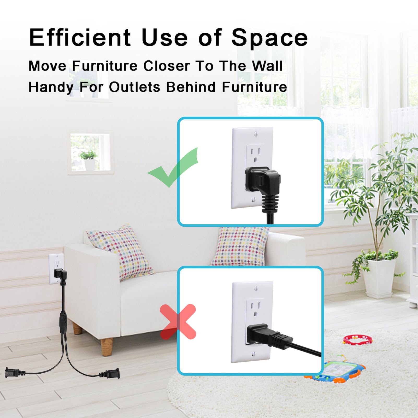 Outdoor Extension Cord With Multiple Outlets,2 Prong Extension Cord 1 To 2 Y Splitter 3.28Ft/1Meter,90 Degree Male/Female Power