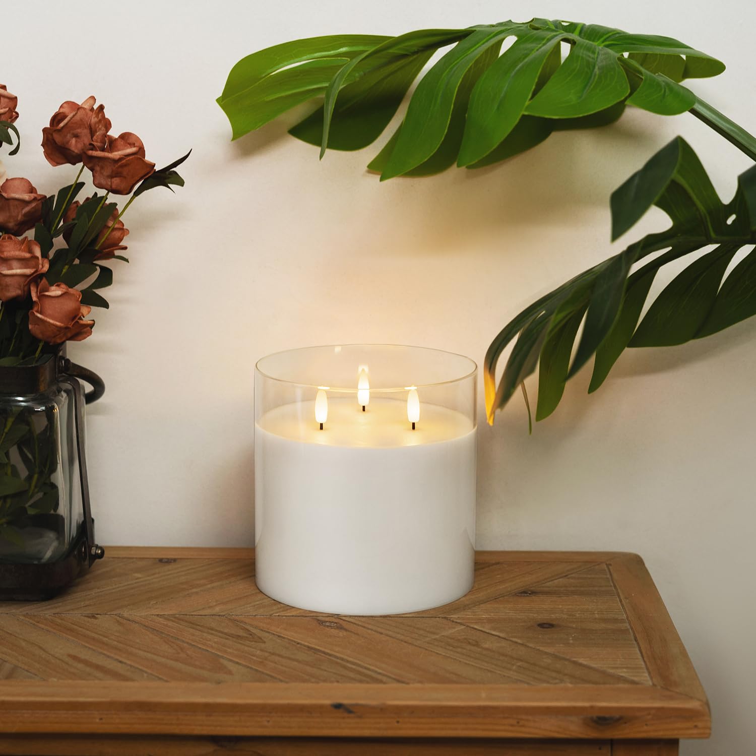 Homemory 6X6'' Extra Large Flameless Candle With 3 Wicks, Glass Led Pillar Candle, Real Wax Battery Operated Candle With Remote