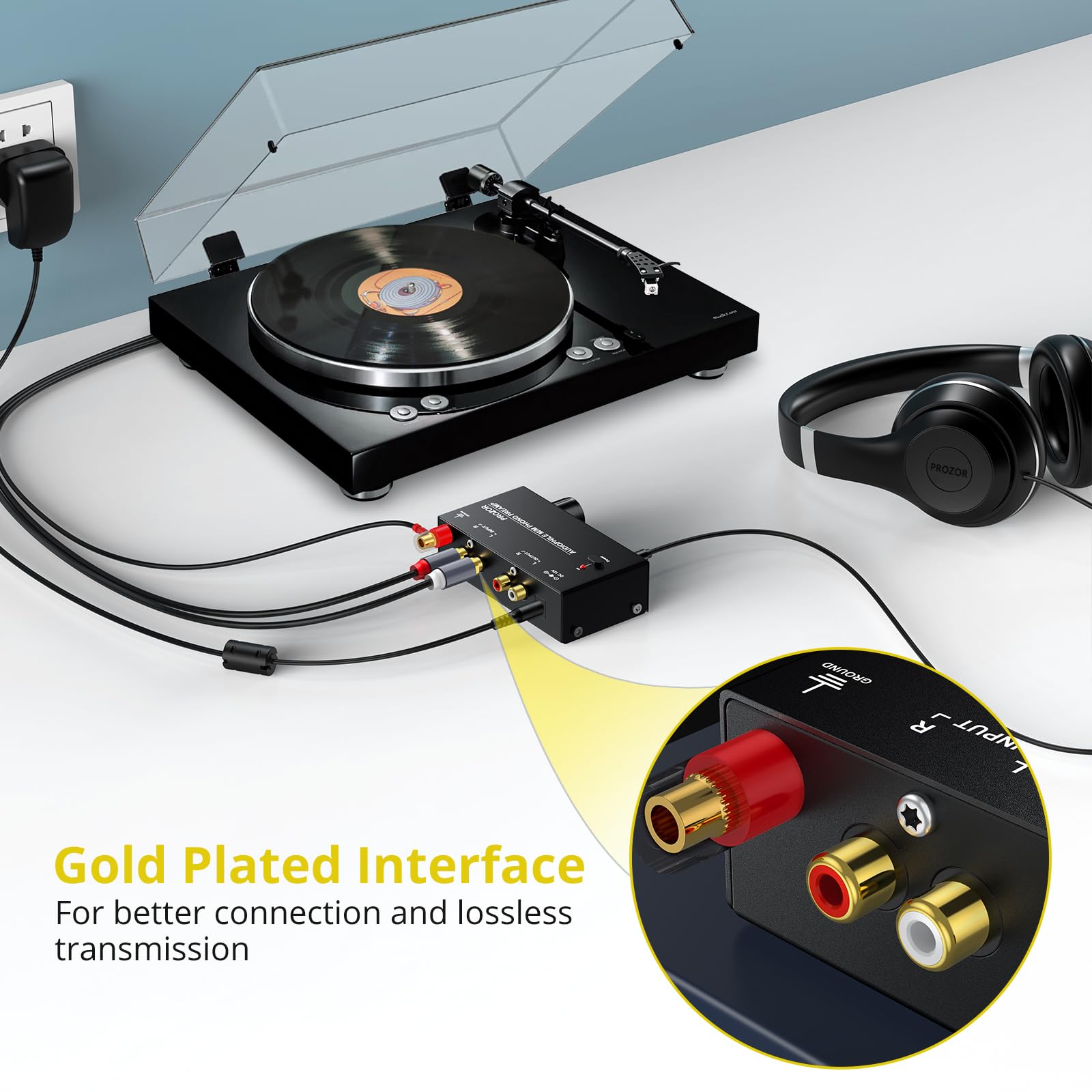 Prozor Pre Amplifier For Turntable Audiophile M/M Phono Preamp With Level Volume Controls 2 Rca And 3.5Mm Interfaces Including 12V 1A Power Adapter