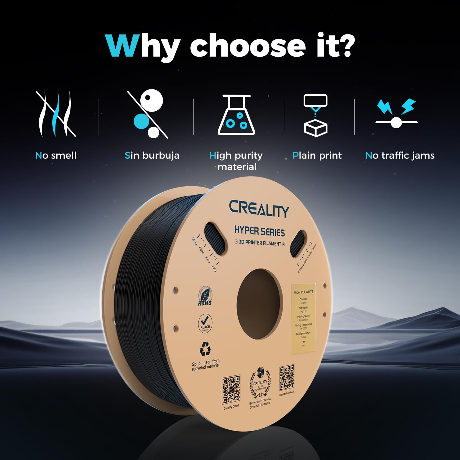 Creality Hyper Pla Filament 1.75Mm:30Mm/S - 600Mm/S Print Range, High Flow Speedy 3D Printer Dimensional Accuracy +/- 0.02 Mm, R