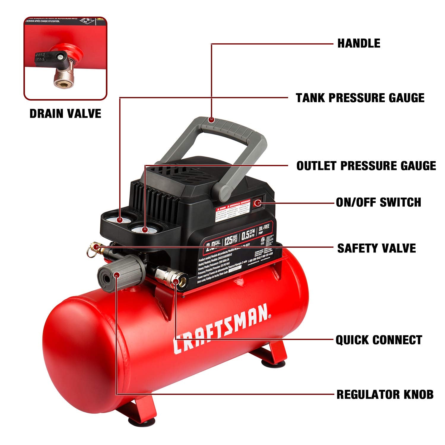 Craftsman Air Tools, 2 Gallon Portable Air Compressor 1/3 Hp Oil Free Max 125 Psi Pressure, Hot Dog, Model: Cmxecxa0200243