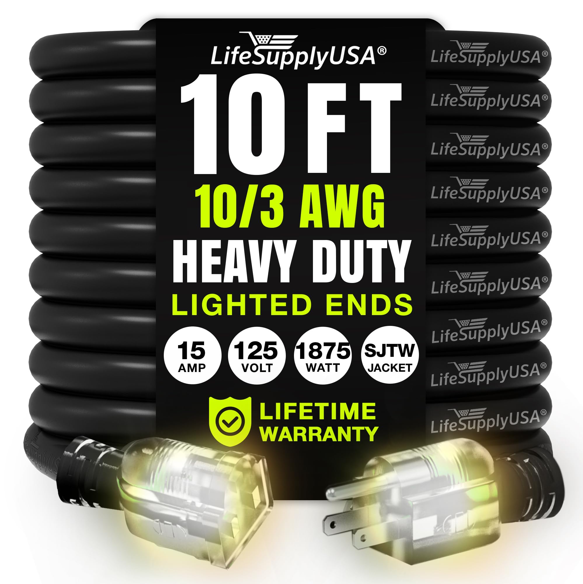 Lifesupplyusa Power Extension Cord   10 Ft Outdoor & Indoor Heavy Duty 10 Gauge/3 Prong Sjtw (Black) Lighted End Extra Durabilit