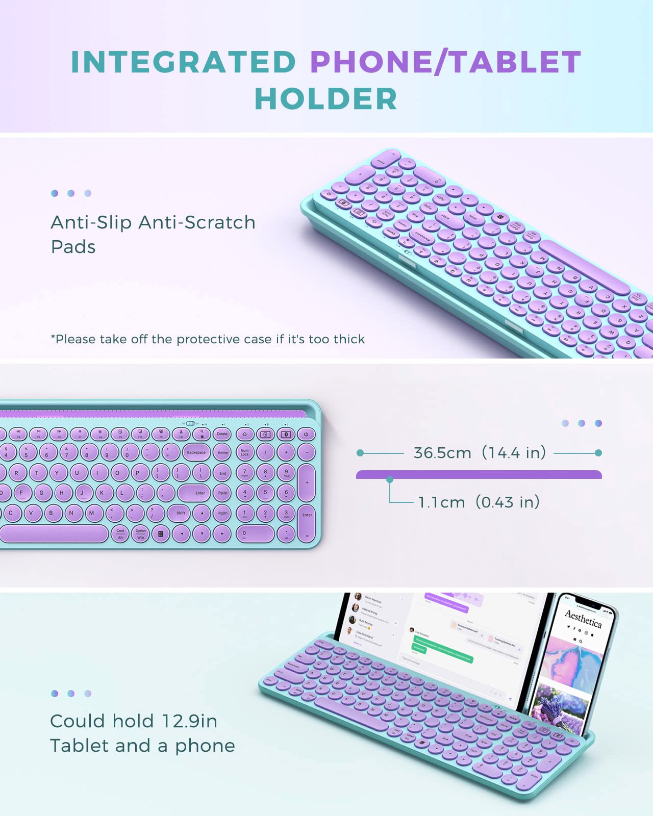 Seenda Cute Wireless Bluetooth Keyboard, Bluetooth + 2.4G Round Key Typewriter Keyboard With Number Pad, Phone Tablet Holder For Ipad, Andriod Phone, Macbook/Windows Computer Desktop, Sakura Pink