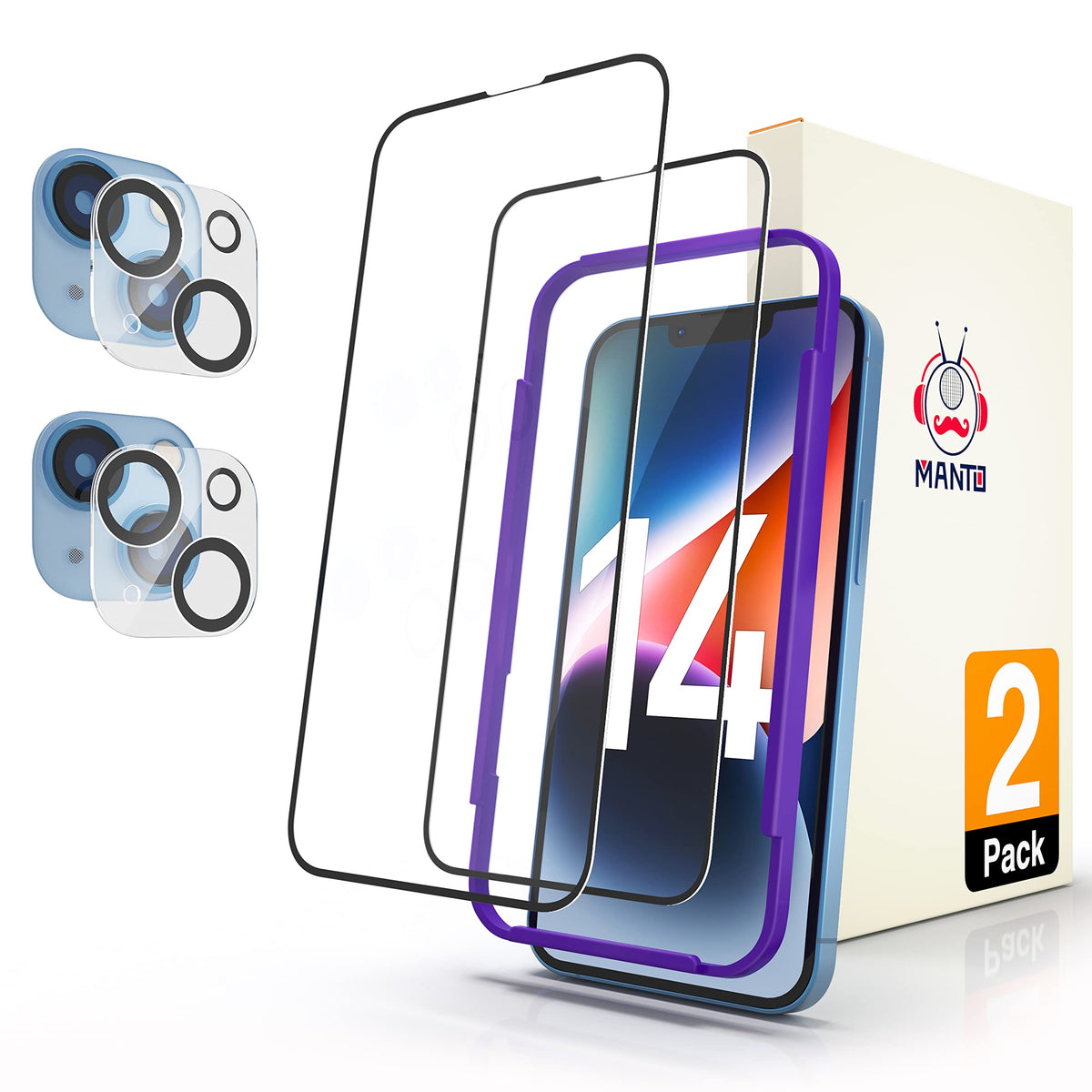 Manto 2 Pack Screen Protector For Iphone 14 6.1 Inch With 2 Pack Camera Lens Protector, Full Coverage Hd Clear Anti Scratch Bubb