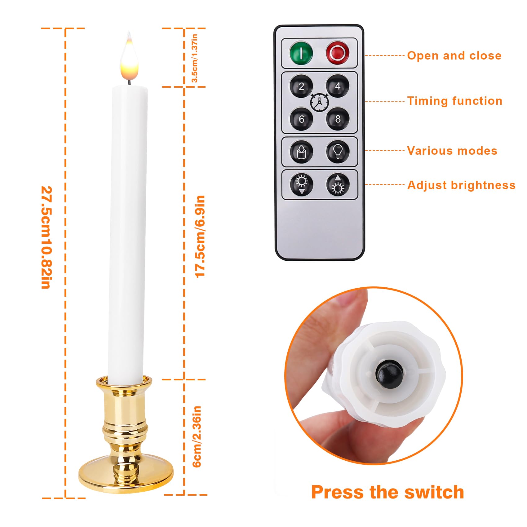 Flameless Taper Candles With Remote Timer Led Battery Operated Flickering Window Candle Lights With Removable Gold Candle Holder