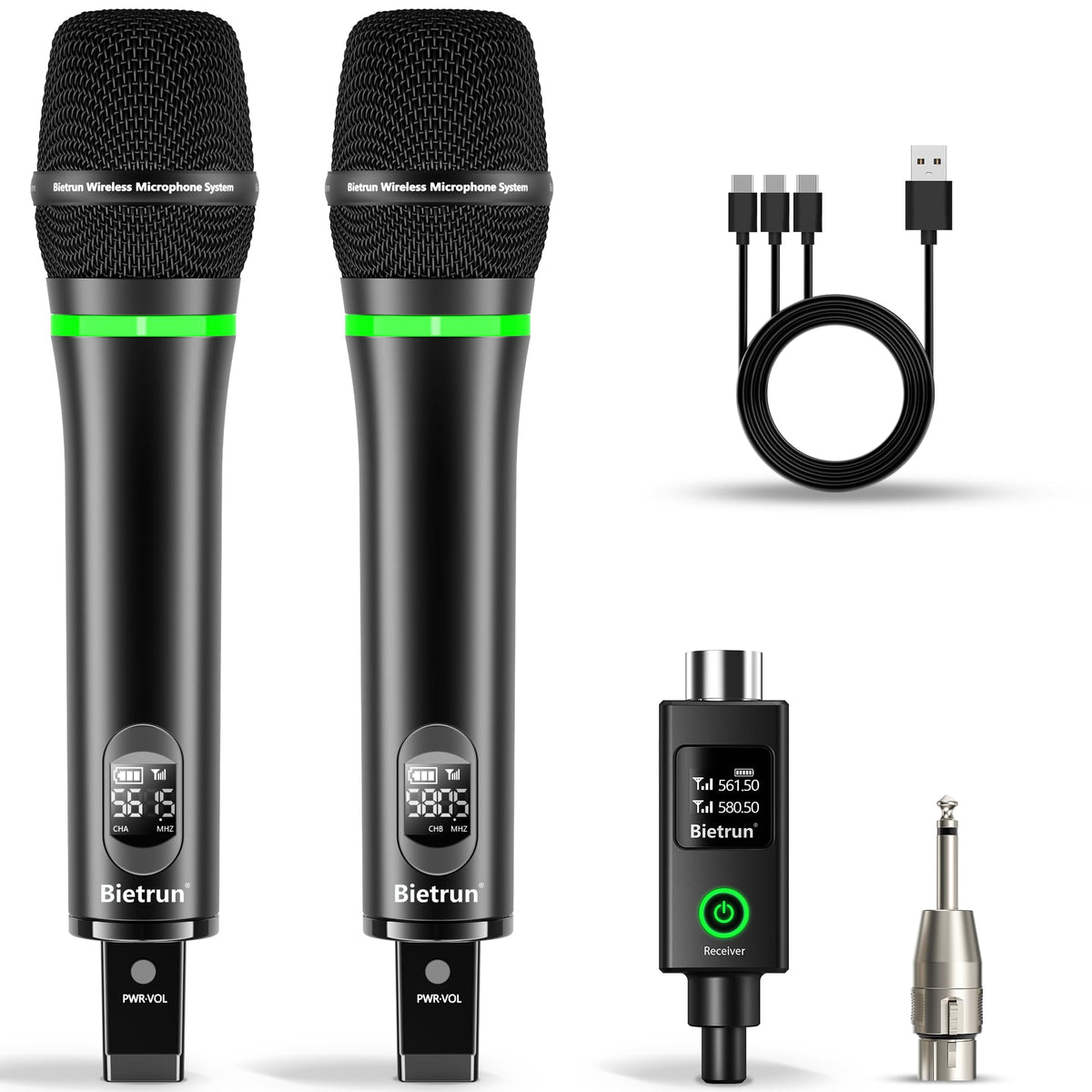 Bietrun Xlr Wireless Microphone, Rechargeable Dual Metal Cordless Handheld Dynamic Mics For Mixer, Audio Interface, Pa Amplifier