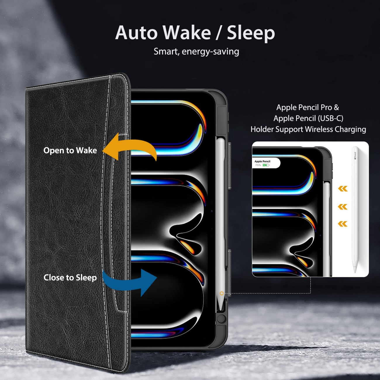 MoKo Case for iPad Pro 11 Inch M4 2024 (5th Generation) with Pencil Holder & Pocket, Built in Hand Strap, Multi Angle Viewing, Premium PU Leather Folio Cover for iPad Pro 11 2024, Black