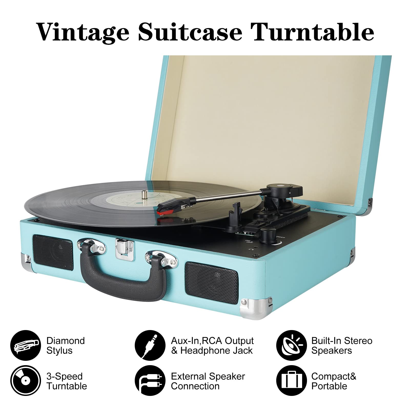 Vinyl Record Player, 3 Speeds Suitcase Portable Record Player With Built In Speakers, Vintage Belt Driven Turntable With Rca Out