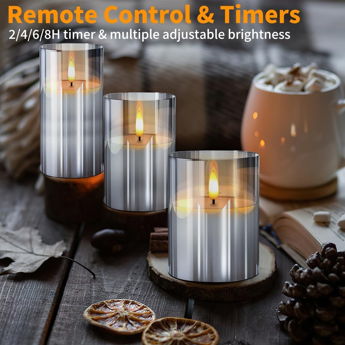 Gray Glass Flameless Candles Flickering With Remote, Timer, Battery Operated Moving Wick Realistic Warm Light Real Wax Led Candl