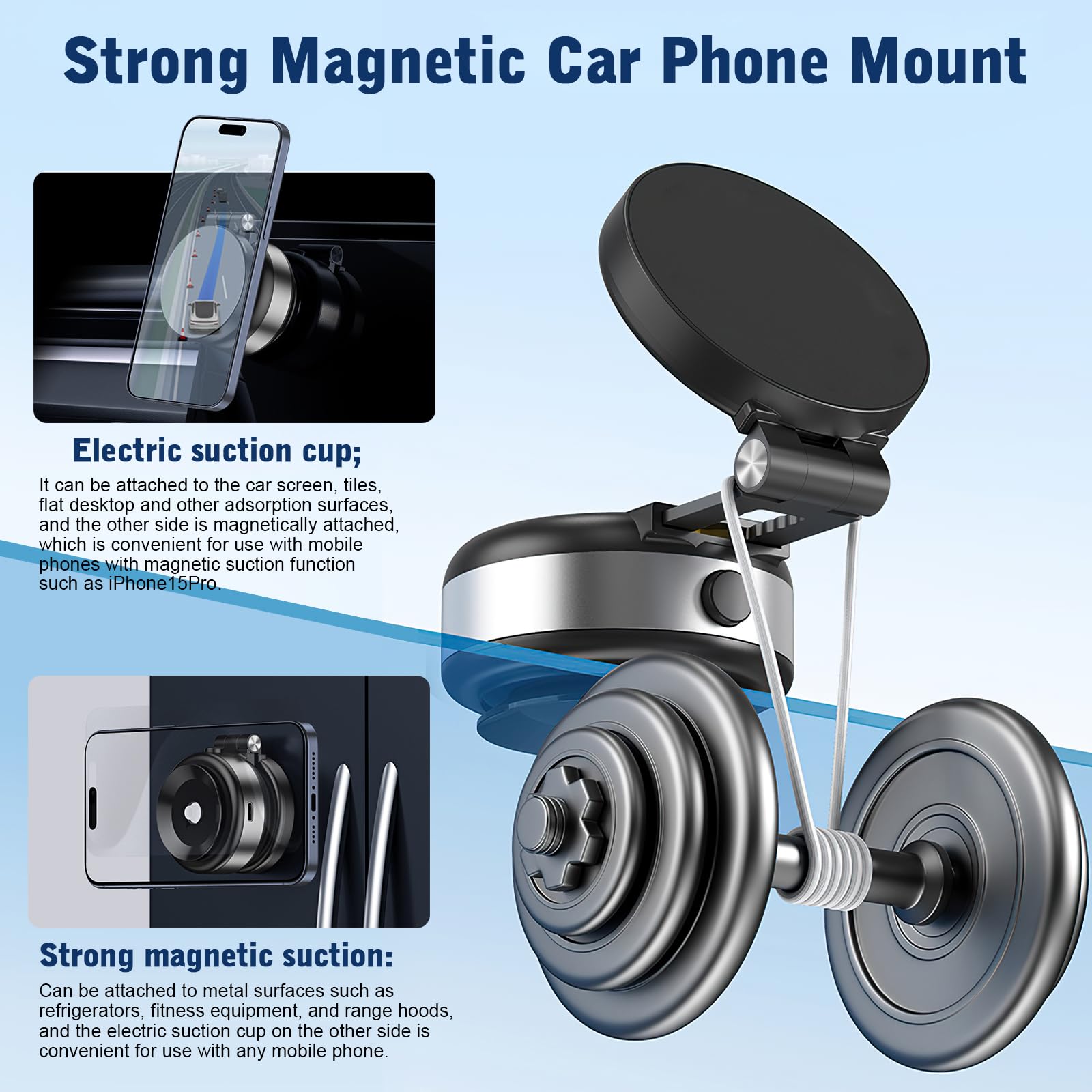 Hepanio Electric Vacuum Magnetic Suction Phone Holder,Adjustable Suction Cup Phone Mount For Car,Foldable Smart Double-Sided Mag
